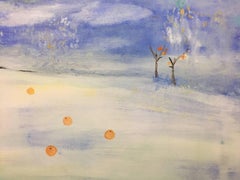 "Rider and his Orange Juice", Surreal Landscape, White, Blue, Oil Painting