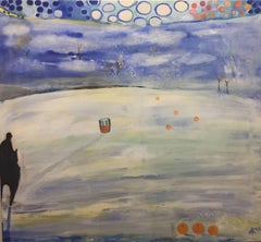 "Rider and his Orange Juice", surréaliste, paysage, blancs, bleu, peinture à l'huile