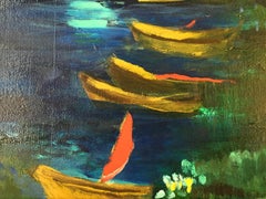 "Silenzio", contemporaneo, paesaggio, barca, notte, giallo, rosso, blu, pittura a olio