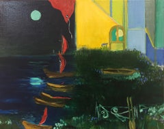 "Silence", oil painting, landscape, boats, night, yellow, red, blue