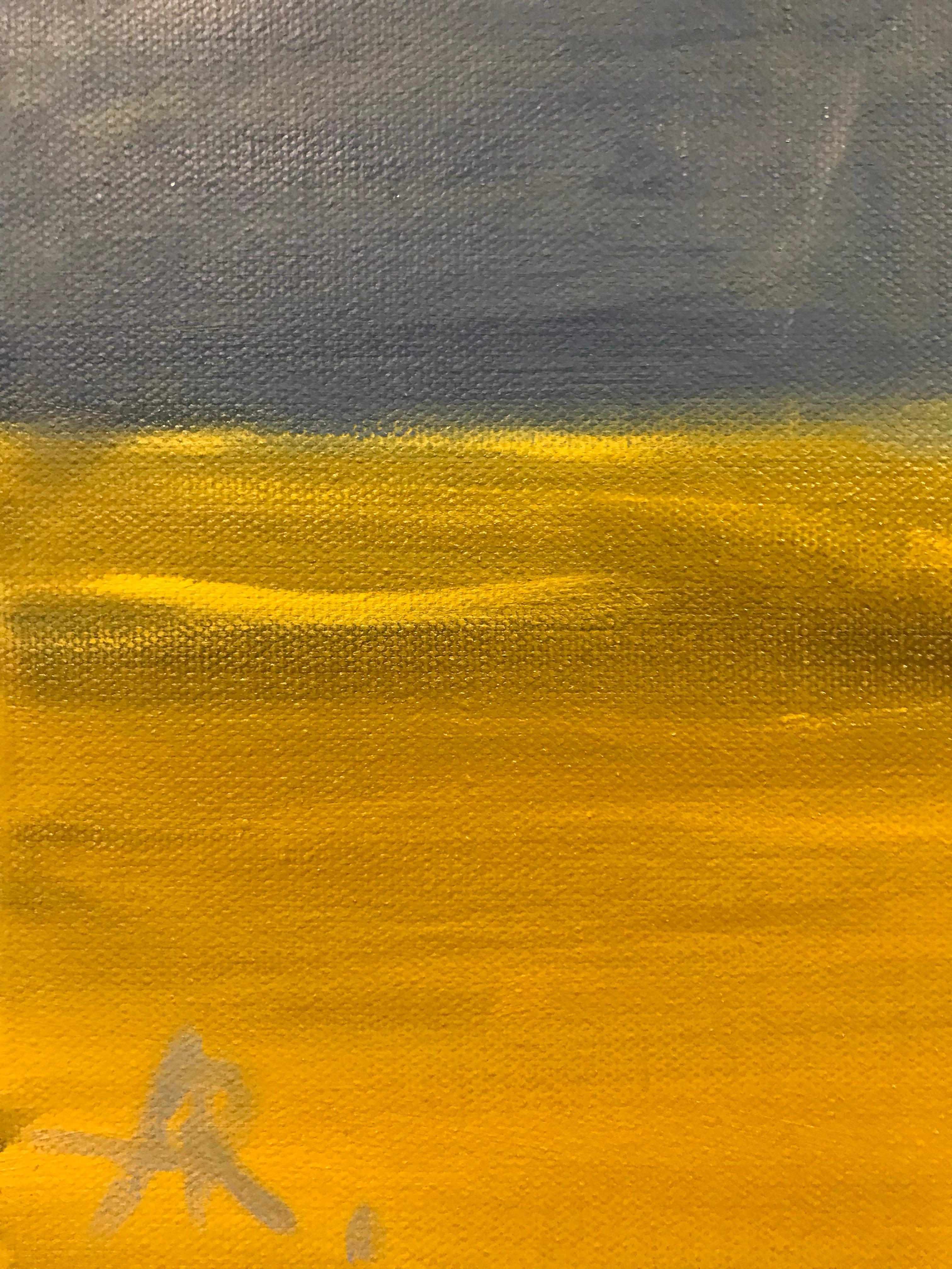 Rozenman’s painting “The Sound of a Yellow Light” is a 16 x 16 x 2 inch oil on canvas. In this open but comfortable large open space walls are purple, ceilings high and floors shine yellow reflecting the sunlight. The bright yellow sun reflects its