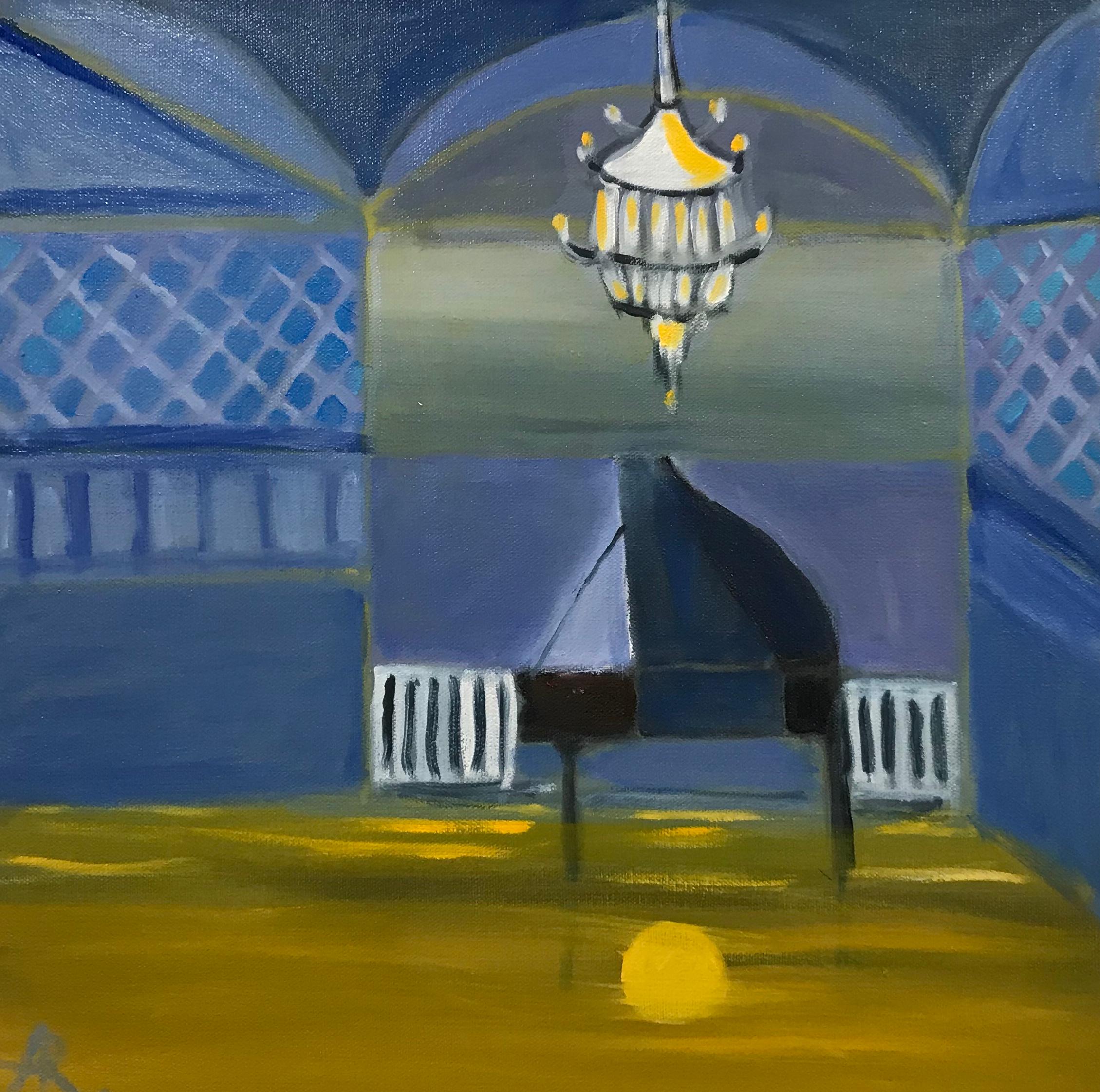 Alexandra Rozenman Interior Painting - "Sound of the Yellow Light", piano, purple, black, oil painting