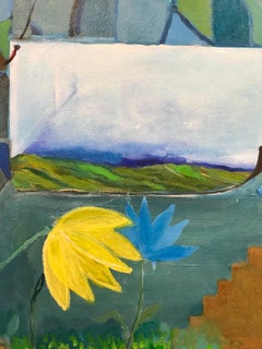 "Stepping Forward", Contemporary Landscape, Blue, Flowers, Bird, Oil Painting