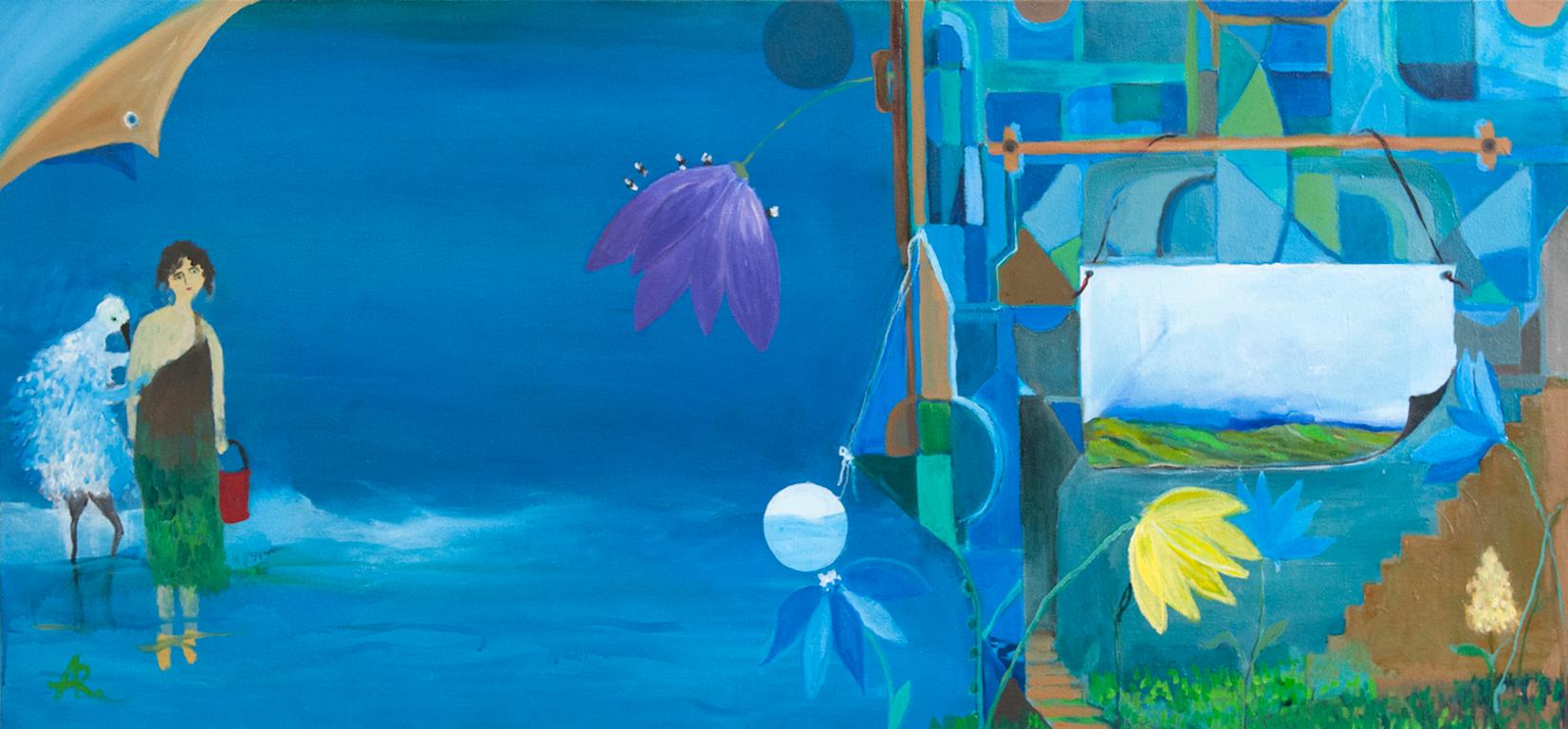 Alexandra Rozenman Landscape Painting - "Stepping Forward", landscape, blue, water, flowers, bird, yellow, oil painting