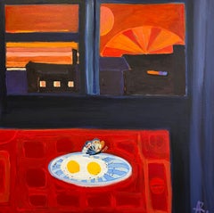 "Sunset with Sunny Side-Up, Black Pepper and a Butterfly", Oil Painting, 2023