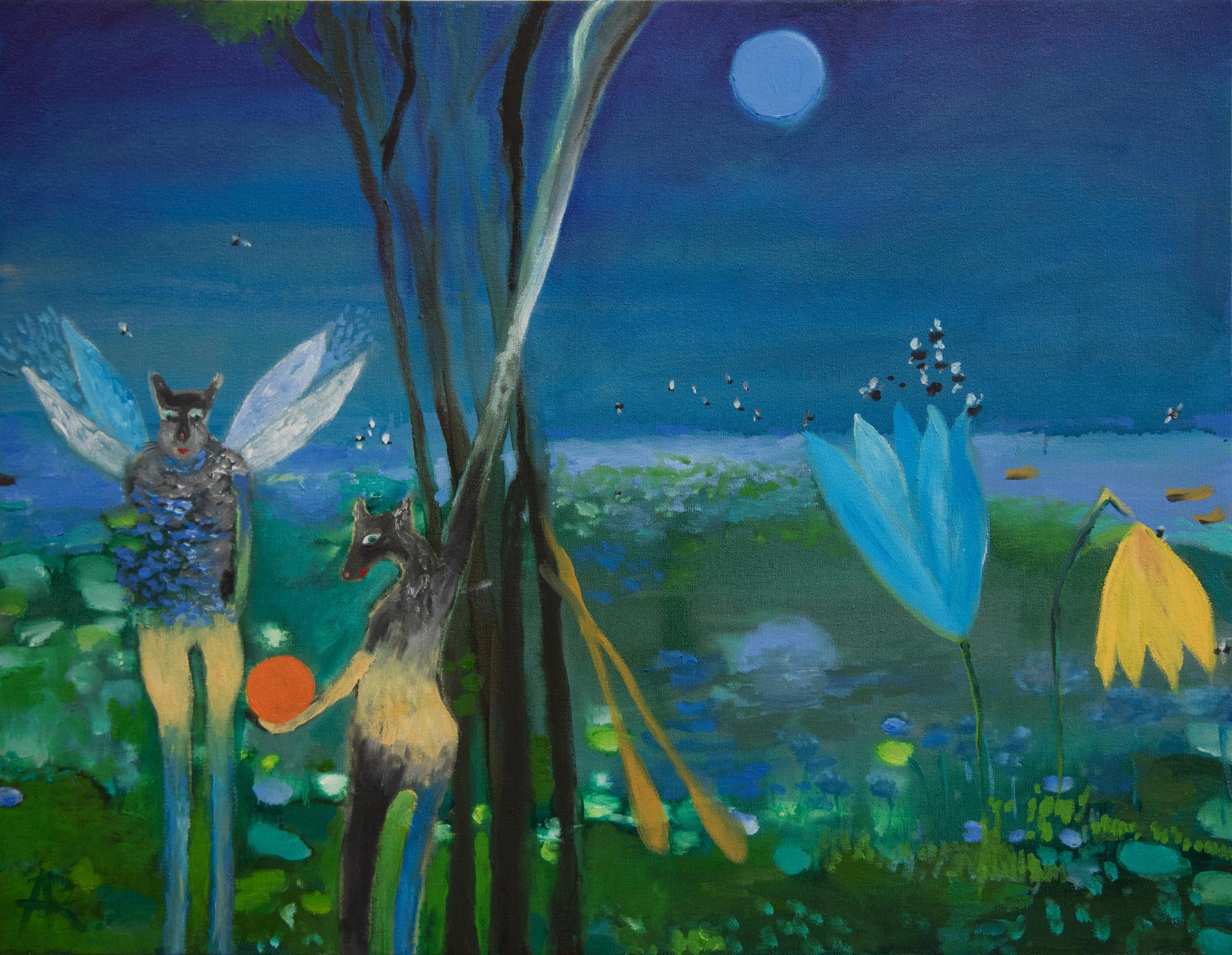 Alexandra Rozenman Landscape Painting - "That's It", oil painting, surreal, landscape, orange, blues, greens