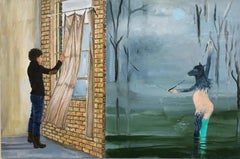 « The Two Worlds », surréaliste, brouillard, gris, vert, huile, acrylique, peinture