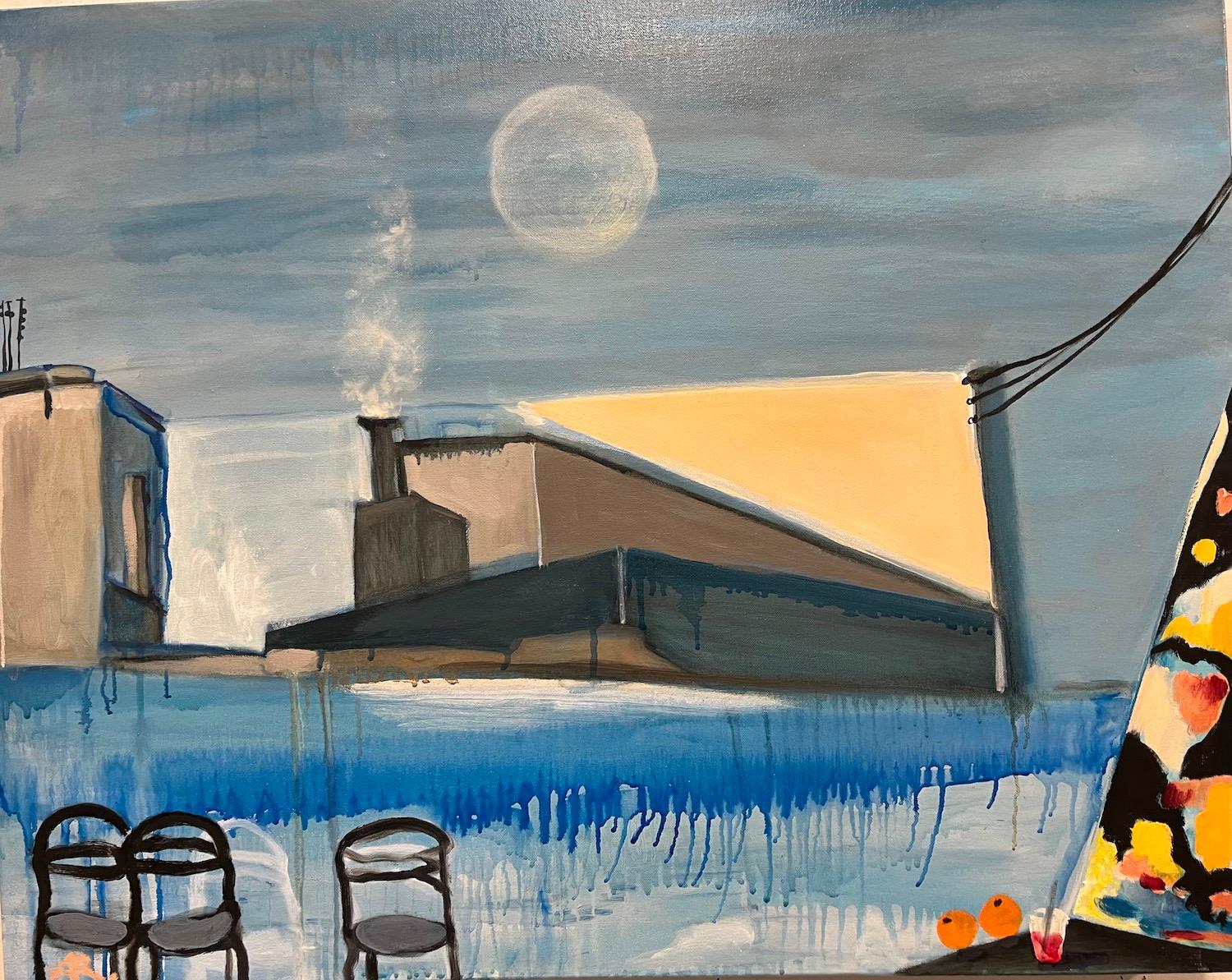 Alexandra Rozenman's contemporary painting, "Three Chairs, 2 Oranges and an Abstract Painting" is a 24 x 30 x 2 inch mixed media painting on canvas. Rozenman often combines the inside and the outside... like in this painting you can read into the