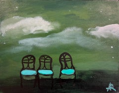 "Tres sillas bajo la luz de la luna", Contemporáneo, Verde, Técnica mixta, 2023