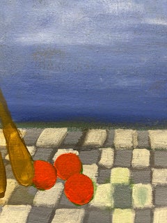 « Trois façons de voyager », huile, cerf-volant, poires, ciel, bleu, orange, gris, blanc