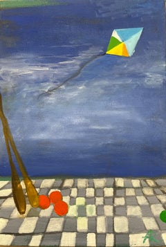 "Three Ways to Travel", oil, kite, oars, sky, blue, orange, grey, white