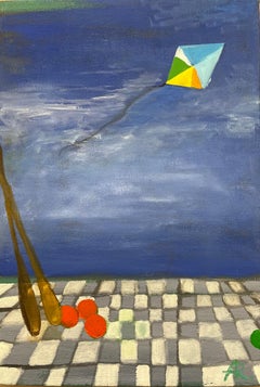 « Trois façons de voyager », huile, cerf-volant, poires, ciel, bleu, orange, gris, blanc