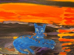 "Twin Cats", paysage contemporain, lune, orange, rouge, bleu, peinture à l'huile