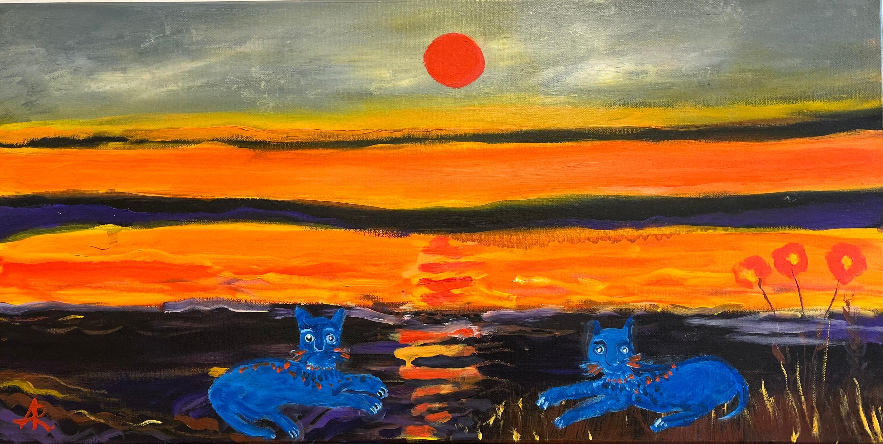 "Twin Cats", Contemporary Landscape, Moon, Orange, Red, Blue, Oil Painting