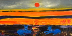 "Twin Cats", Contemporary Landscape, Moon, Orange, Red, Blue, Oil Painting