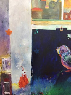 "Ungestreckter Längengrad", Zeitgenössisch, Stadtbild, Fenster, Rot, Ölgemälde