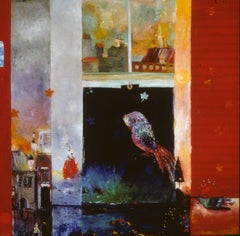 "Un-stretched Longitude", oil painting, cityscape, wings, window, red, blue