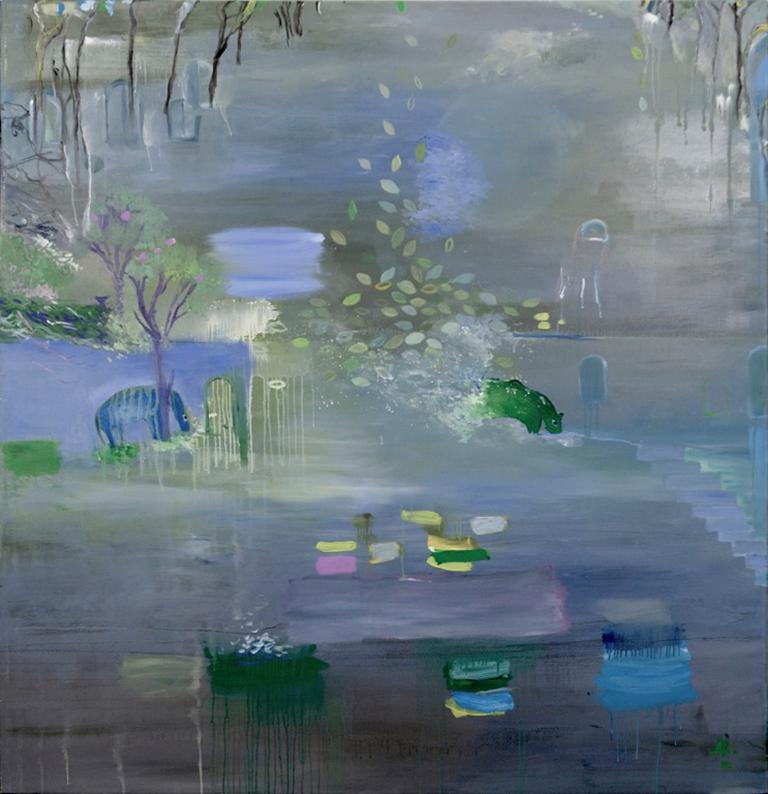 Alexandra Rozenman Landscape Painting - "We Have to Cross this Bridge Together", landscape, blues, greens, oil painting