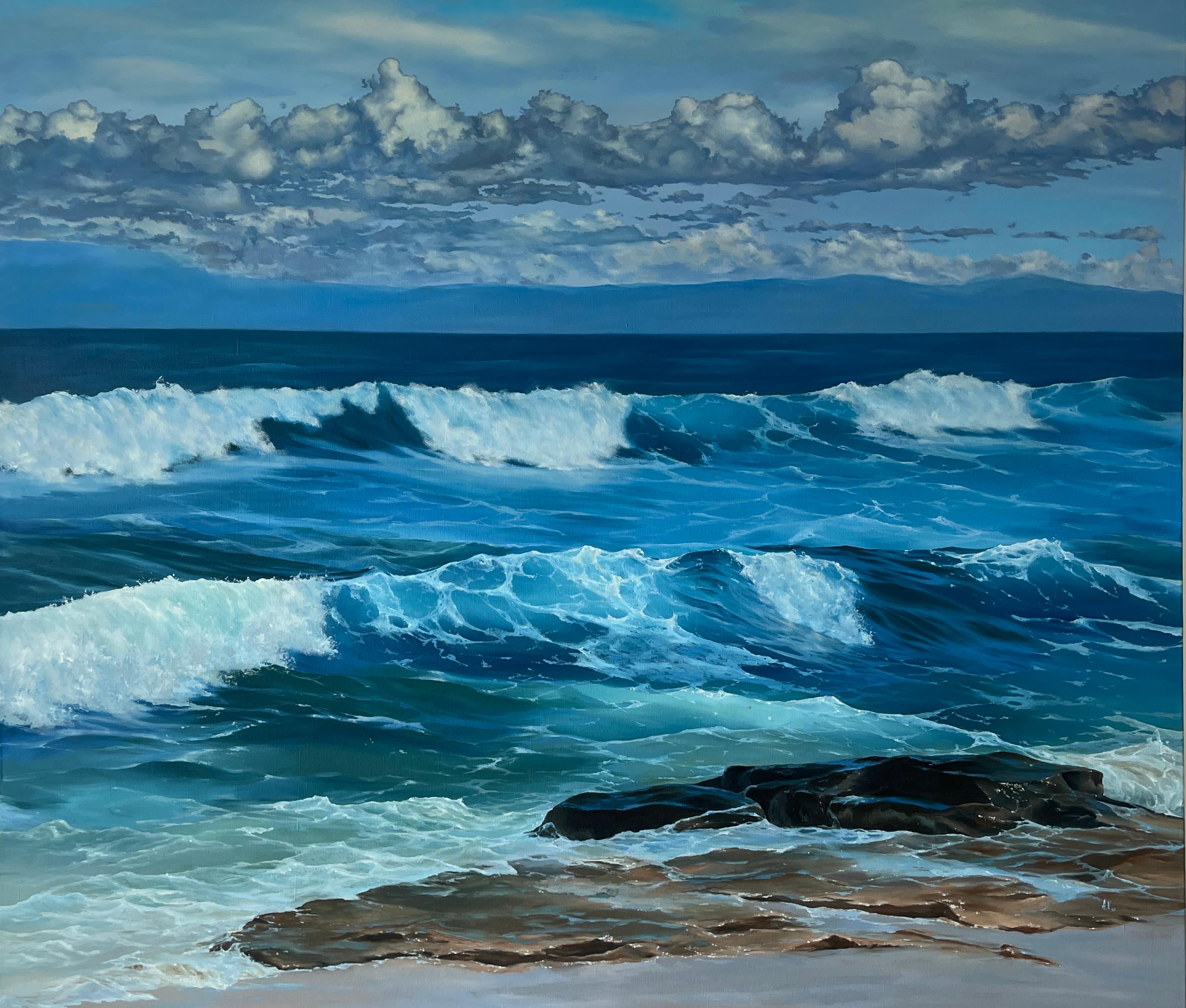 Alexandra Velichko Still-Life Painting - Illuminated Waves - original seascape coastal realism oil painting nature