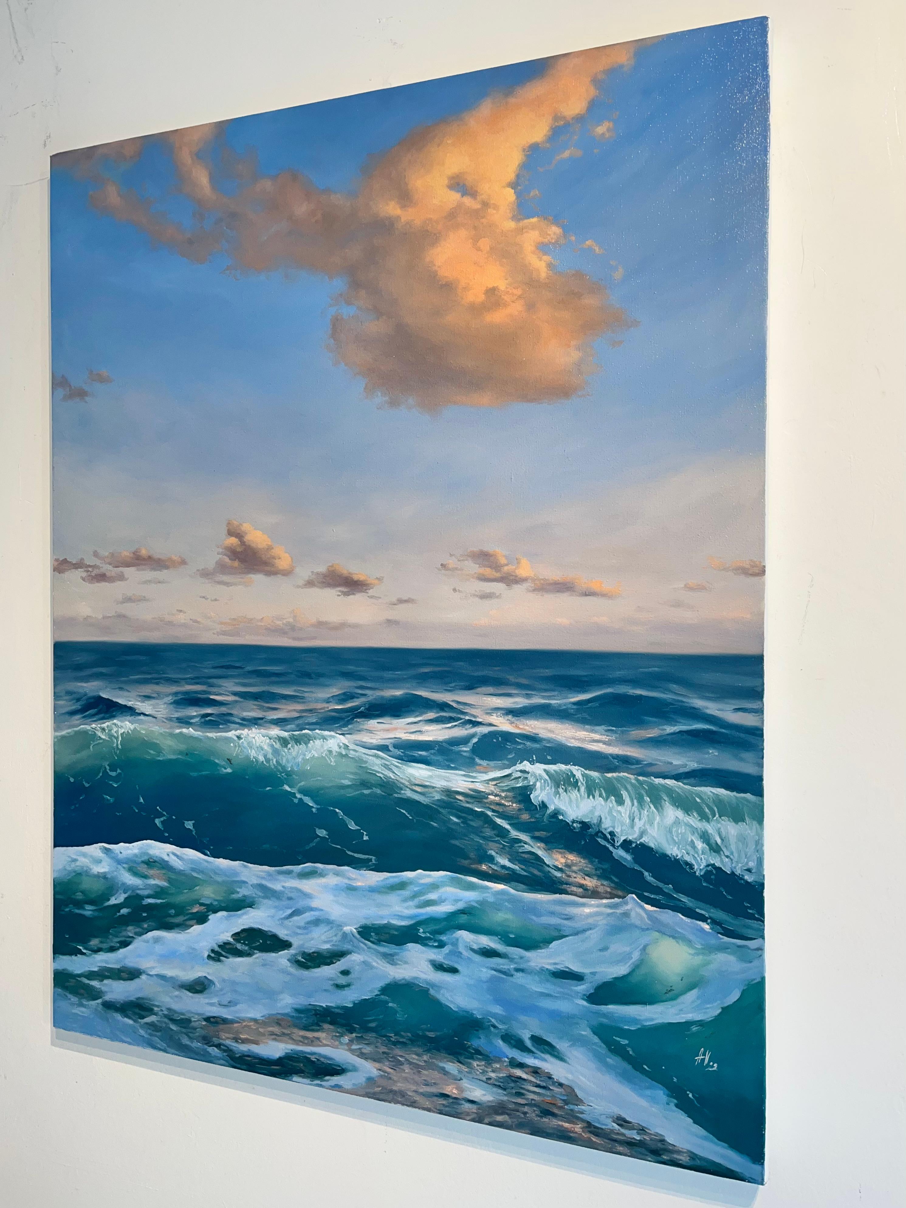 Morgenlicht – originelle Meereslandschaft, zeitgenössischer Küstenrealismus, Ölgemälde, Natur (Realismus), Painting, von Alexandra Velichko