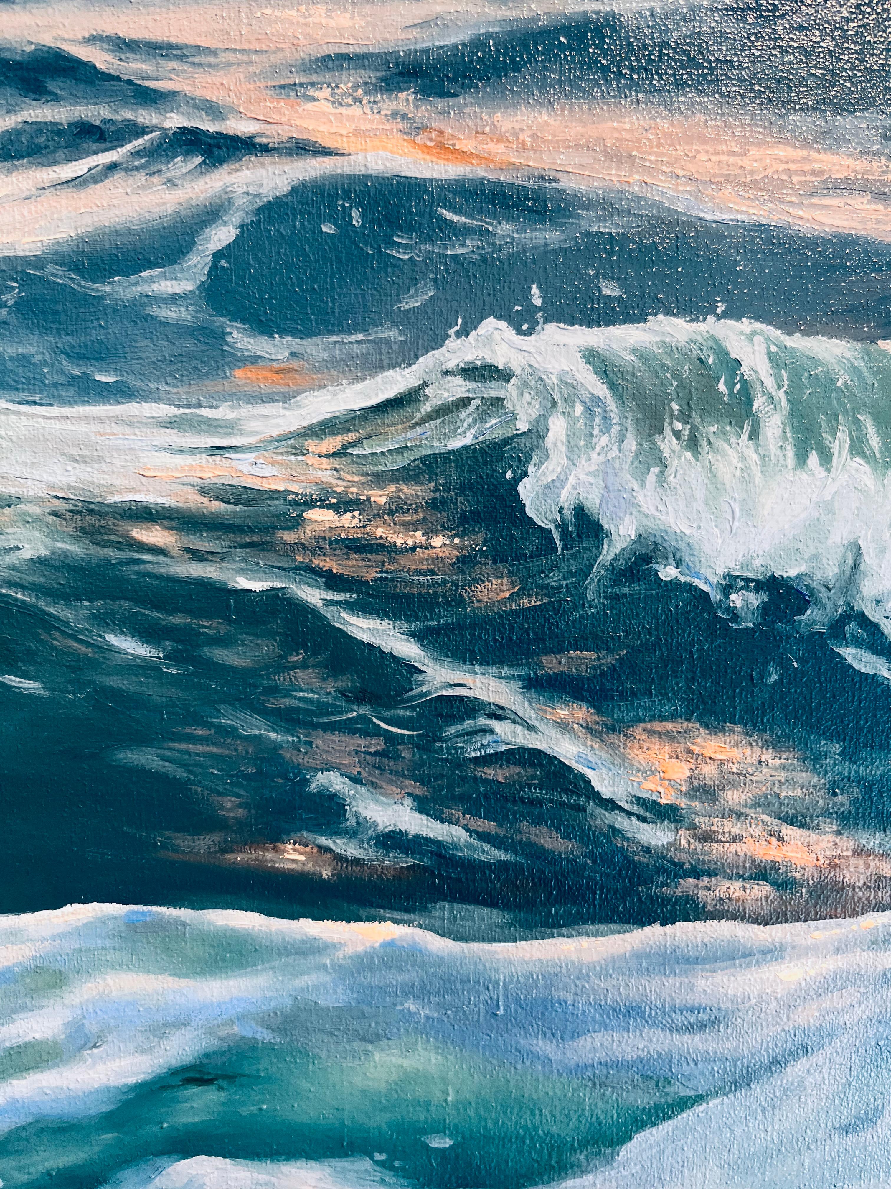 Morning Light - original seascape contemporary coast realism oil painting nature - Blue Landscape Painting by Alexandra Velichko