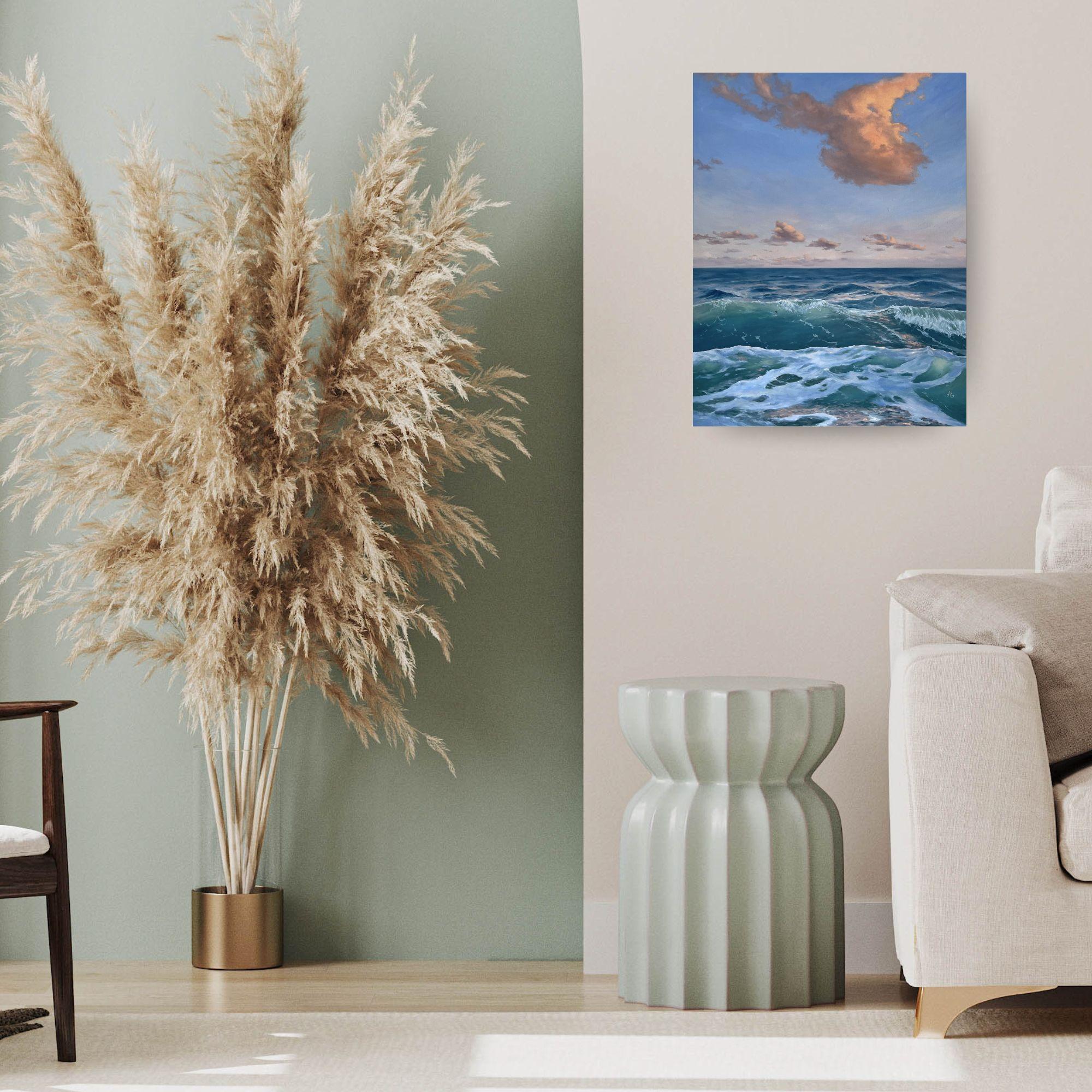 This exceptional artwork is currently on display and available for sale at Signet Contemporary Art Gallery and online.

In this shoreline seascape painting, contemporary realist Alexandra Velichko attentively depicts the organic beauty of the waters