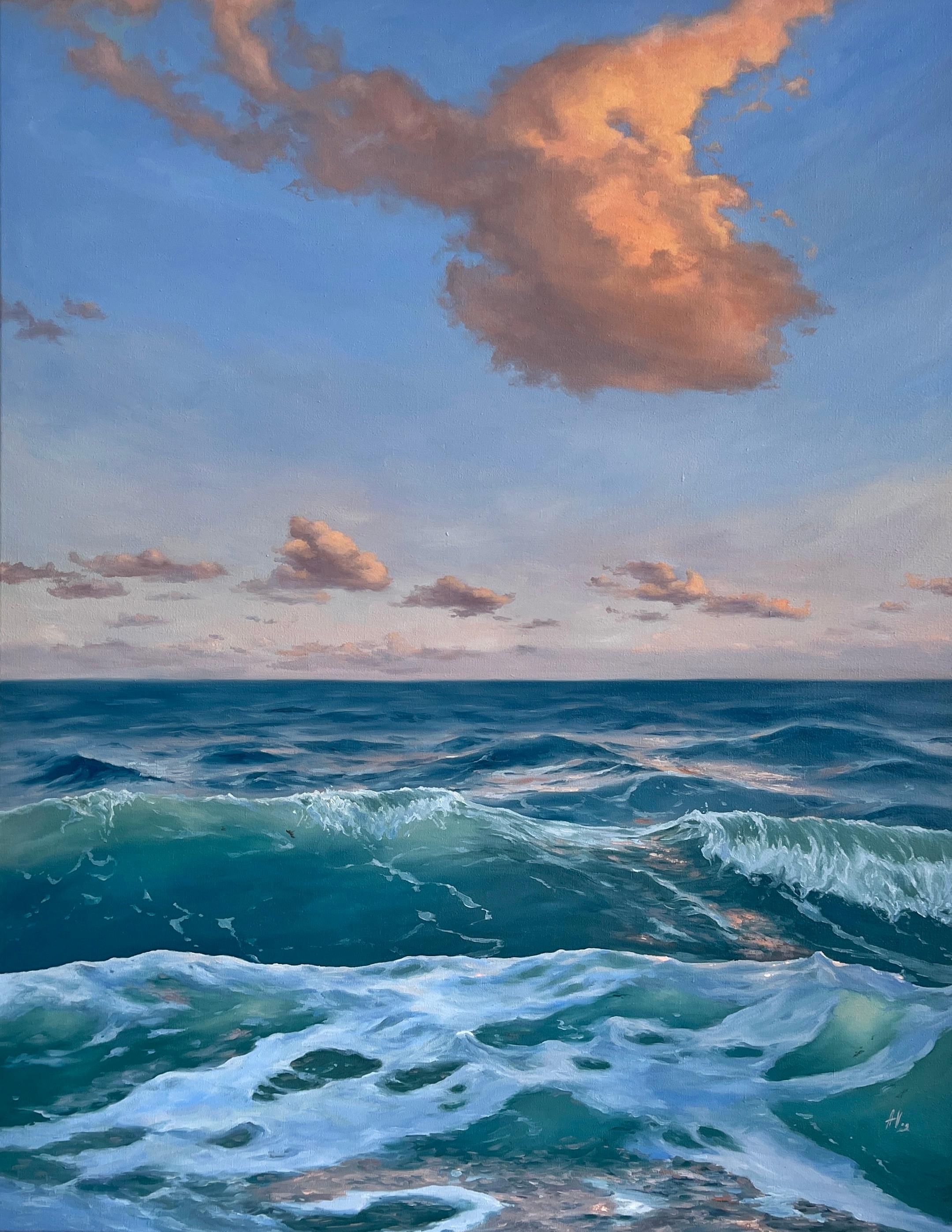 Alexandra Velichko Still-Life Painting – Morgenlicht – originelle Meereslandschaft, zeitgenössischer Küstenrealismus, Ölgemälde, Natur