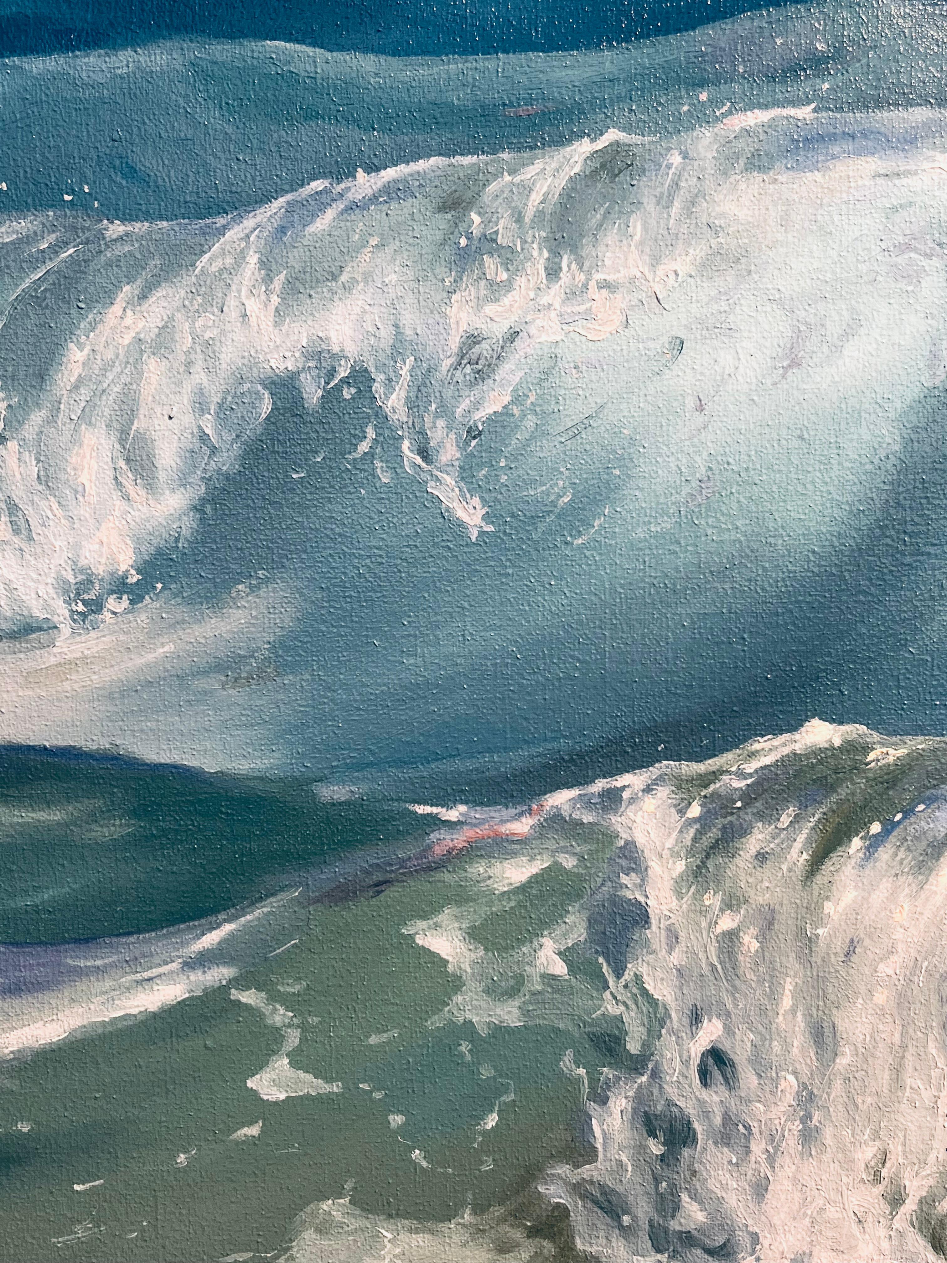 Stormy Day - original seascape contemporary coastal realism oil painting nature - Blue Landscape Painting by Alexandra Velichko