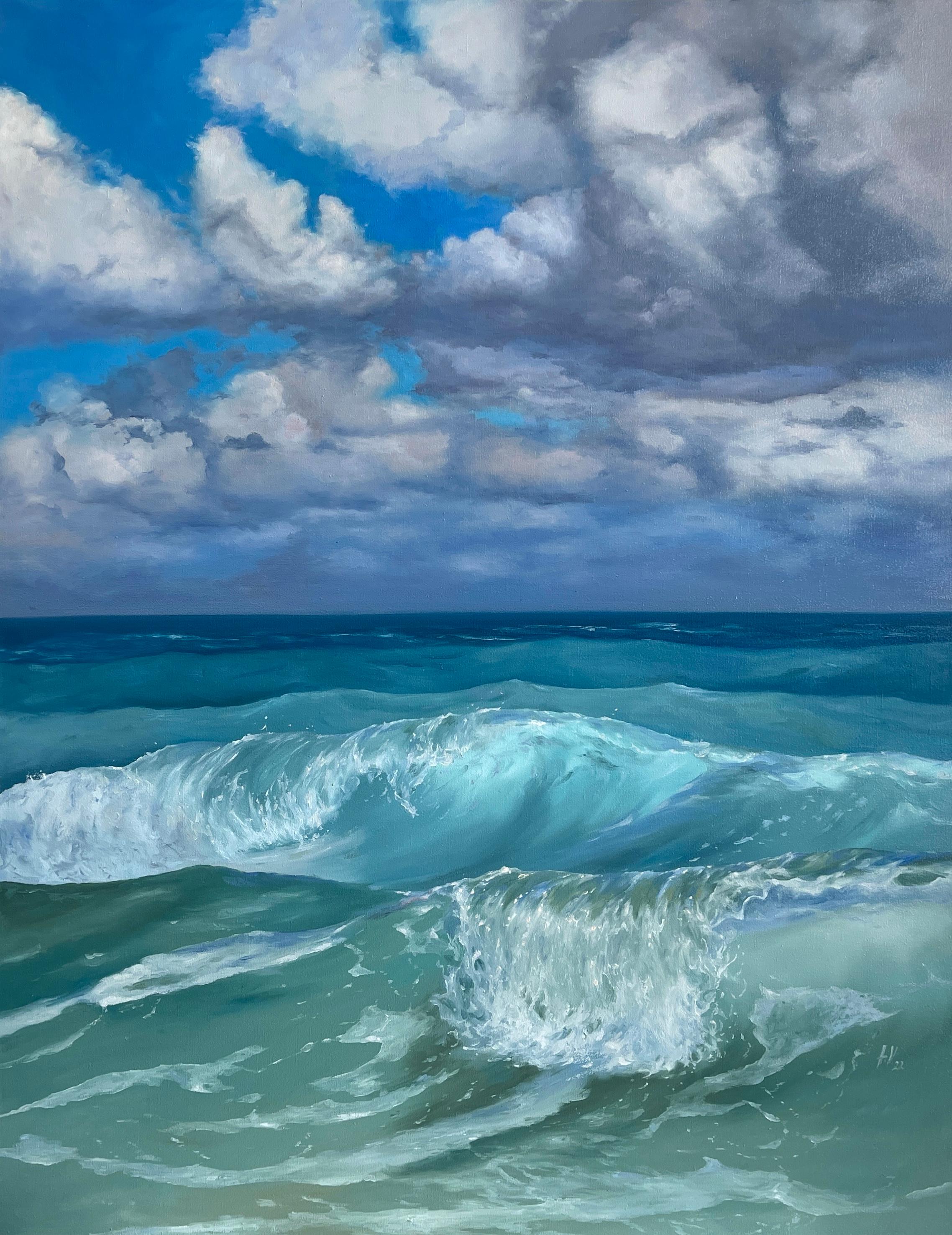 Alexandra Velichko Landscape Painting – Stormy Day – originelle Meereslandschaft, zeitgenössisches Ölgemälde, Meereslandschaft