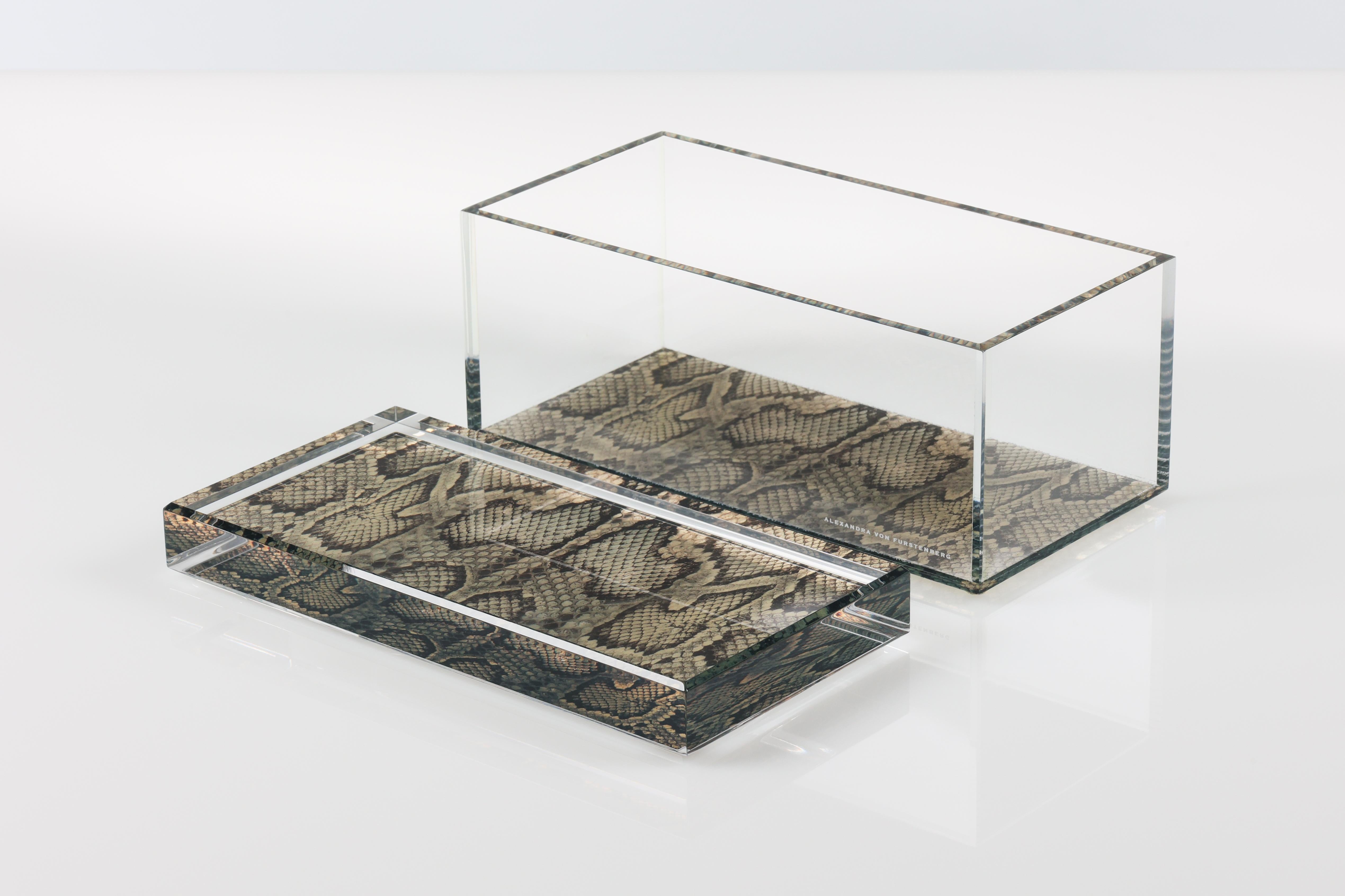 Caja acrílica del tesoro Alexandra Von Furstenberg con estampado de serpiente - Caja grande Moderno en venta