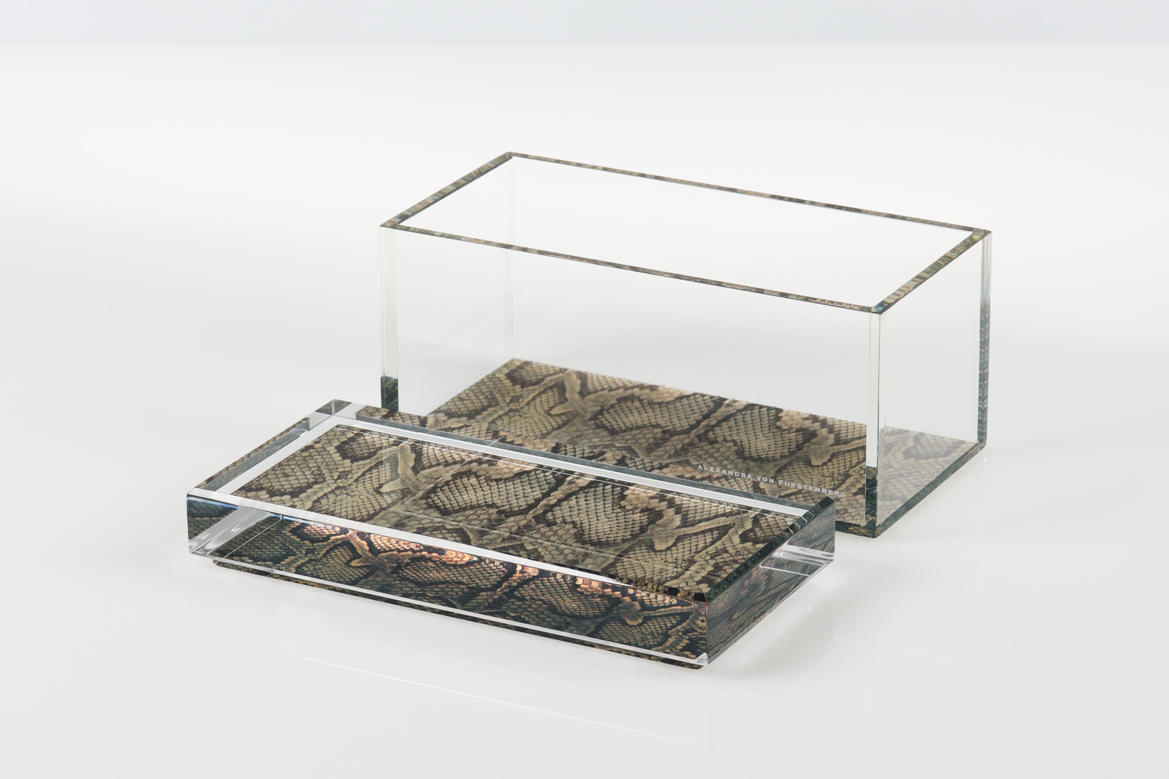 Caja del tesoro acrílica con estampado de serpiente Alexandra Von Furstenberg Caja de almacenamiento mediana Moderno en venta