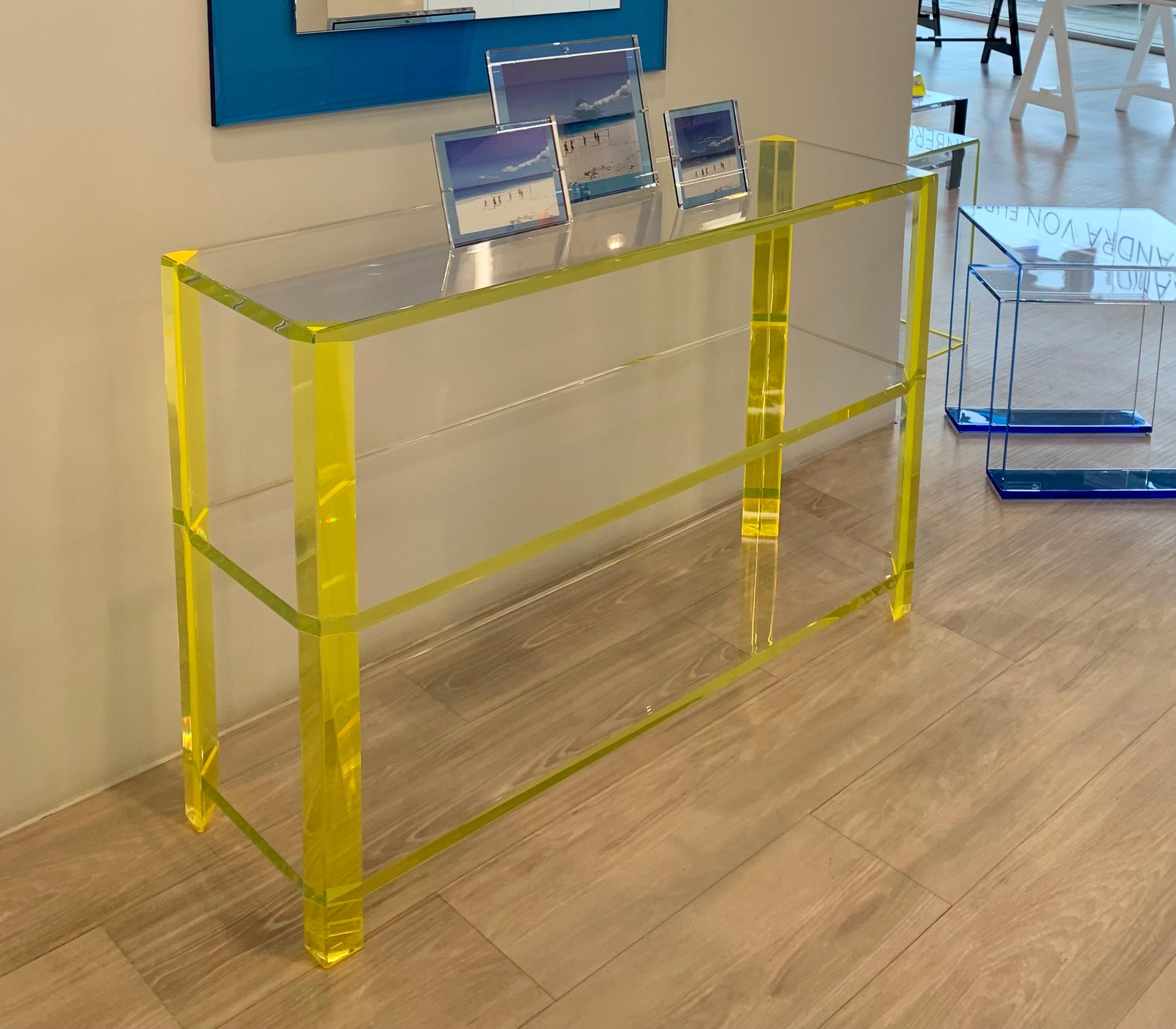 Hand-Crafted Alexandra Von Furstenberg Gangster Console Shelf Yellow and Clear Acrylic For Sale