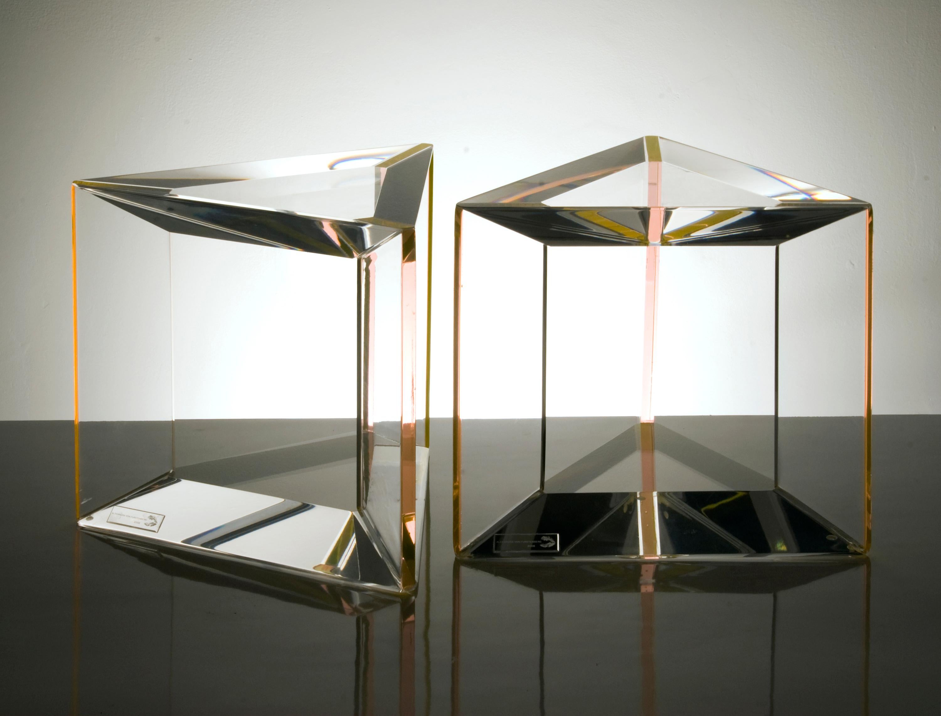 Inspired by the diamond cut, the Trillion Side Table in yellow and clear lucite is a standout piece in the Alexandra Von Furstenberg Collection of Modern Furniture. Crafted with 2-1/2