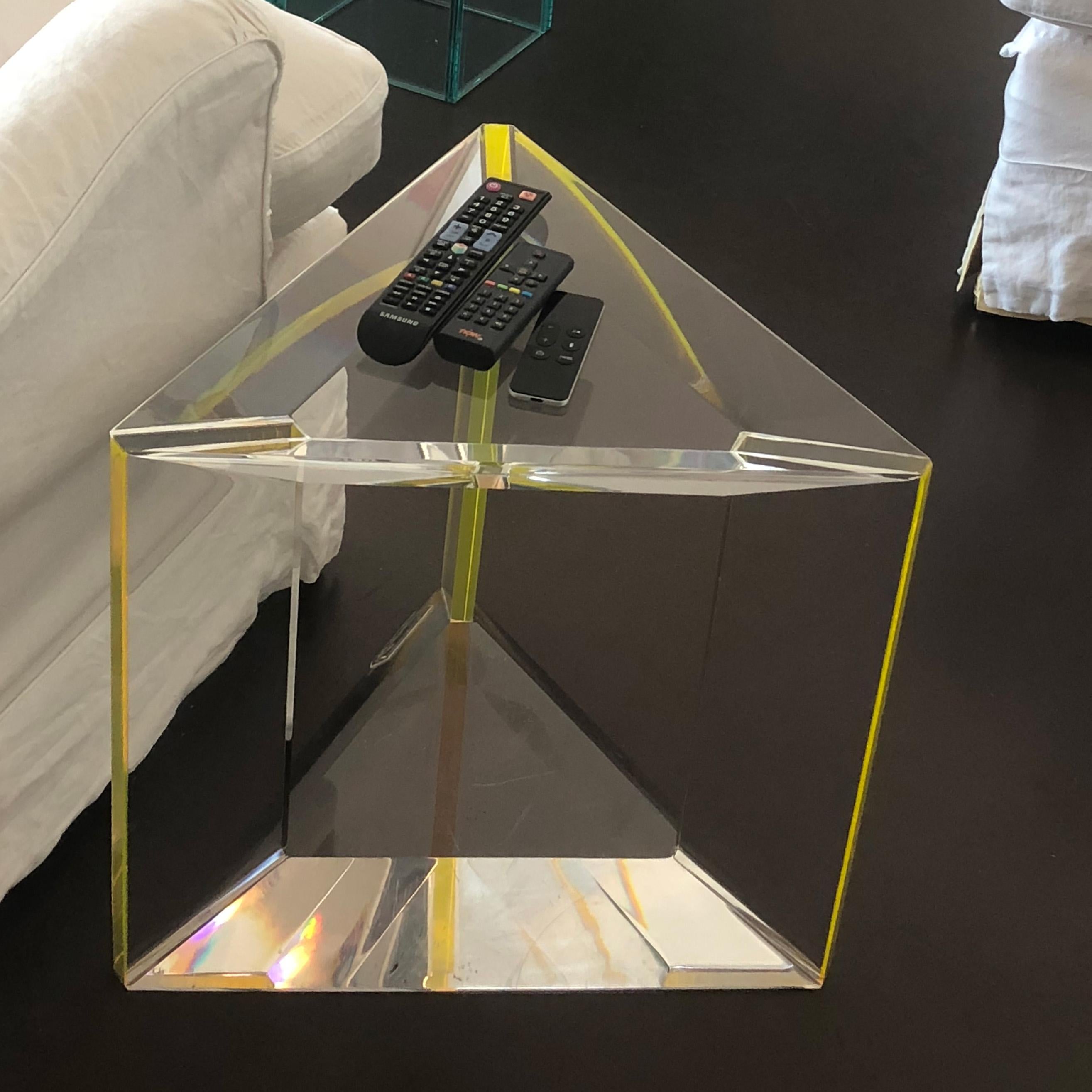 Hand-Crafted Alexandra Von Furstenberg Trillion Side Table in Yellow and Clear Acrylic For Sale