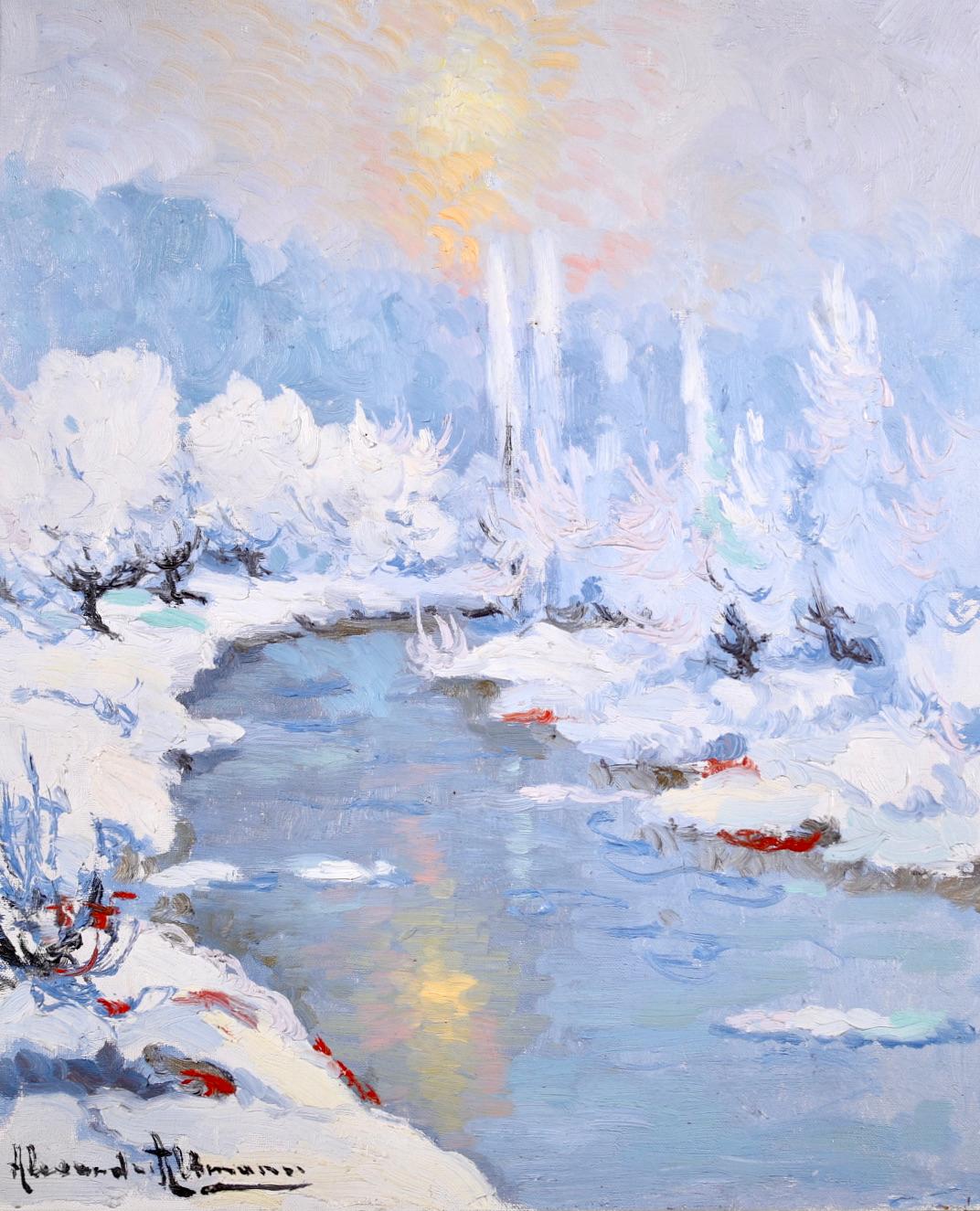 Coucher de Soleil - Hiver - Post Impressionist Oil, Snowy Riverscape by Altmann - Painting by Alexandre Altmann