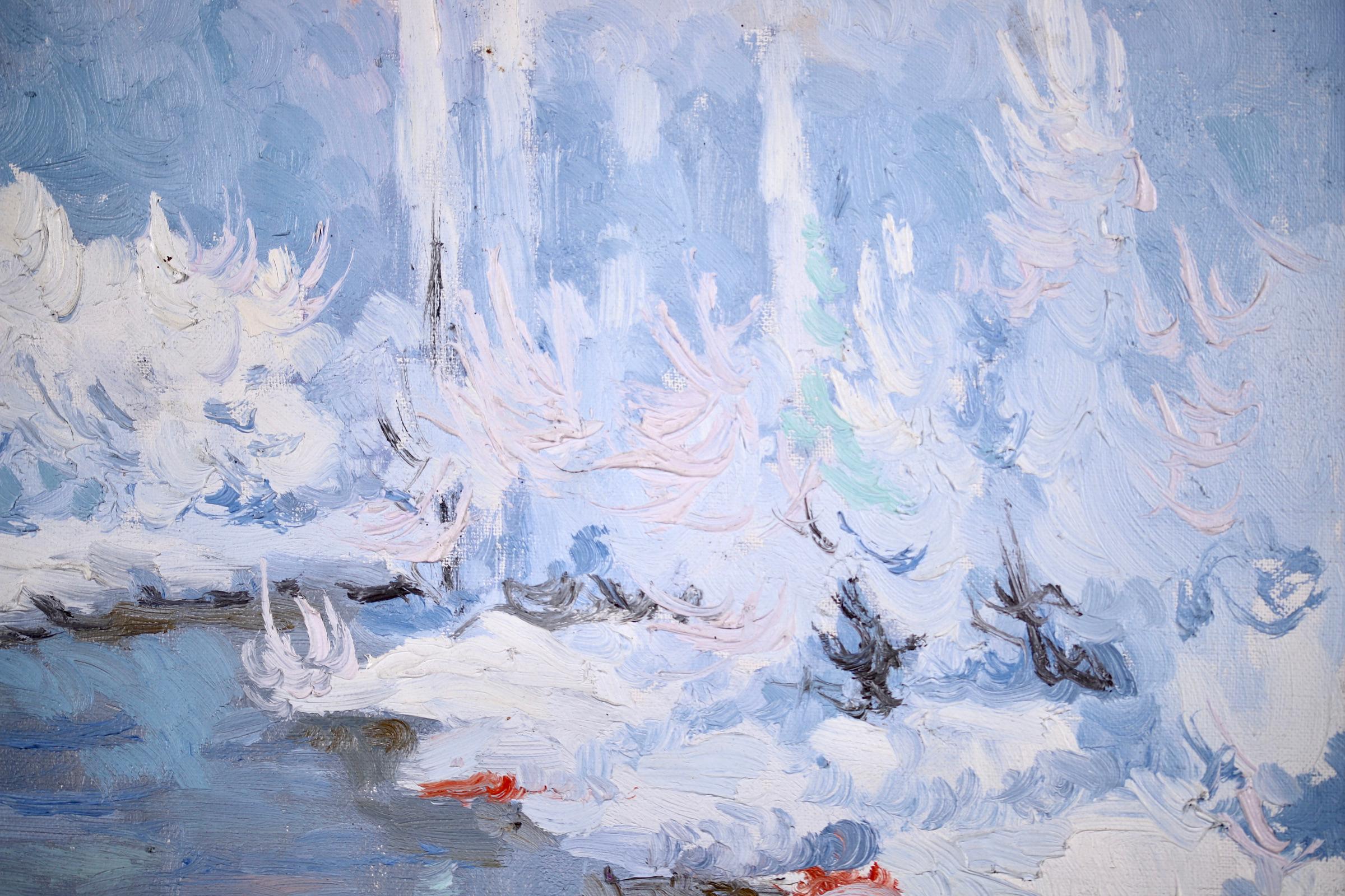 Coucher de Soleil - Hiver - Post Impressionist Oil, Snowy Riverscape by Altmann - Post-Impressionist Painting by Alexandre Altmann