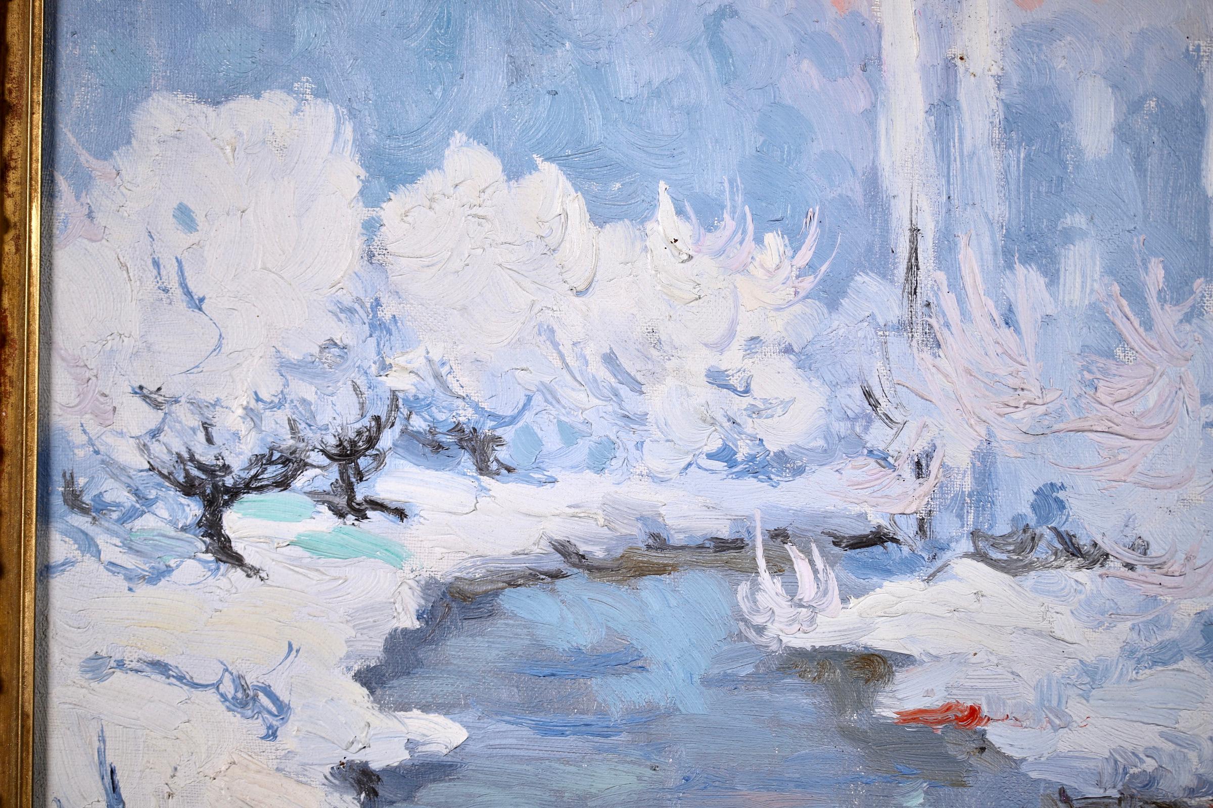 Coucher de Soleil - Hiver - Post Impressionist Oil, Snowy Riverscape by Altmann - Blue Landscape Painting by Alexandre Altmann