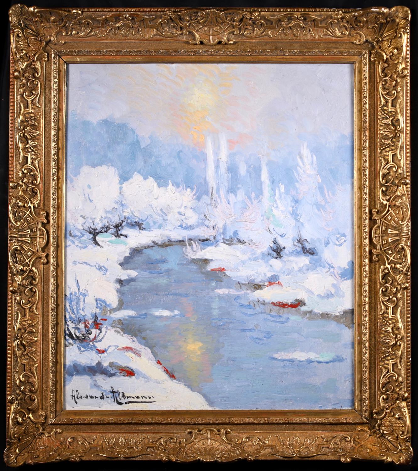 Alexandre Altmann Landscape Painting - Coucher de Soleil - Hiver - Post Impressionist Oil, Snowy Riverscape by Altmann