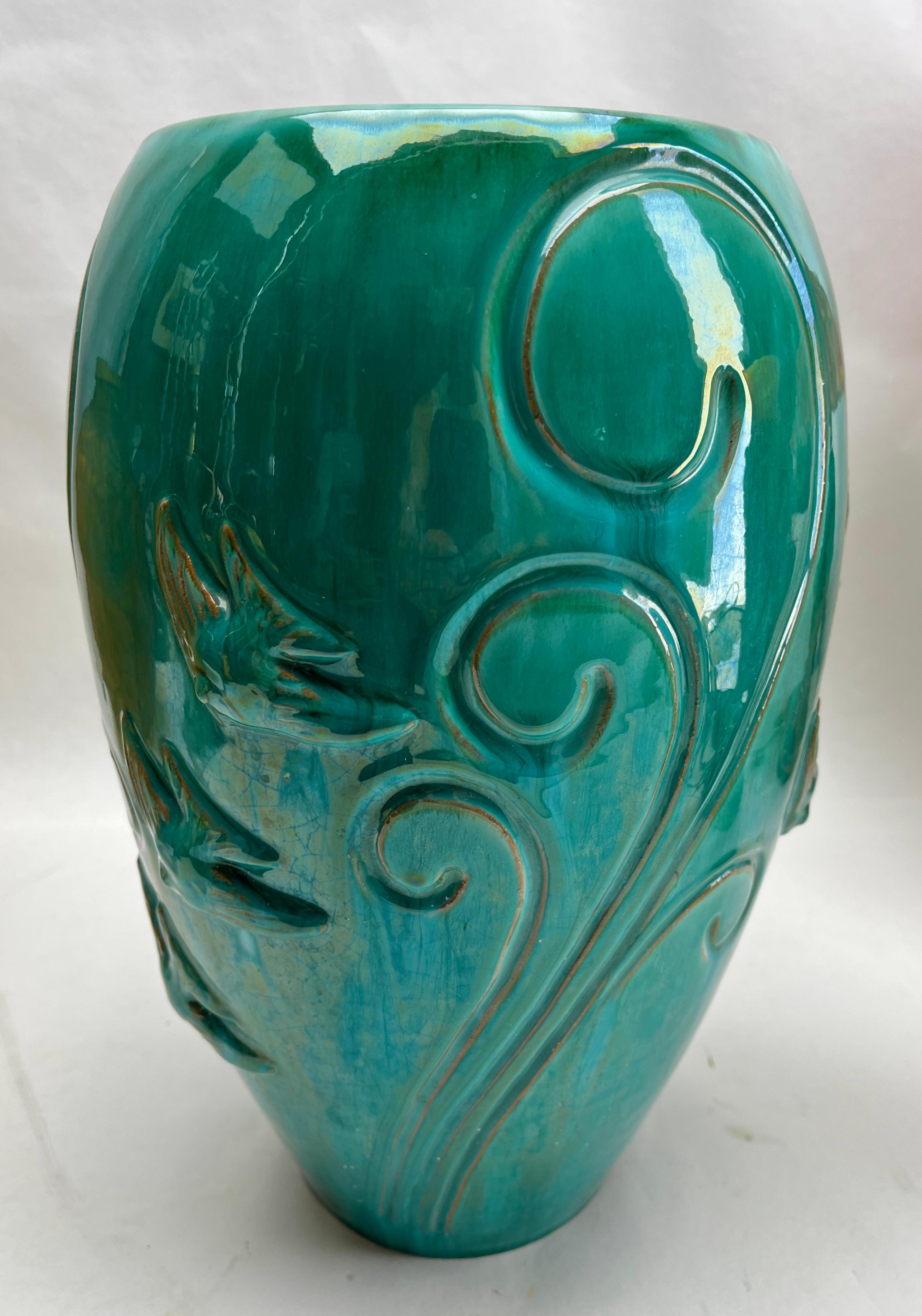 Glazed Alexandre / Belgium Vase green glazed terracotta decorated with Fish in relief For Sale