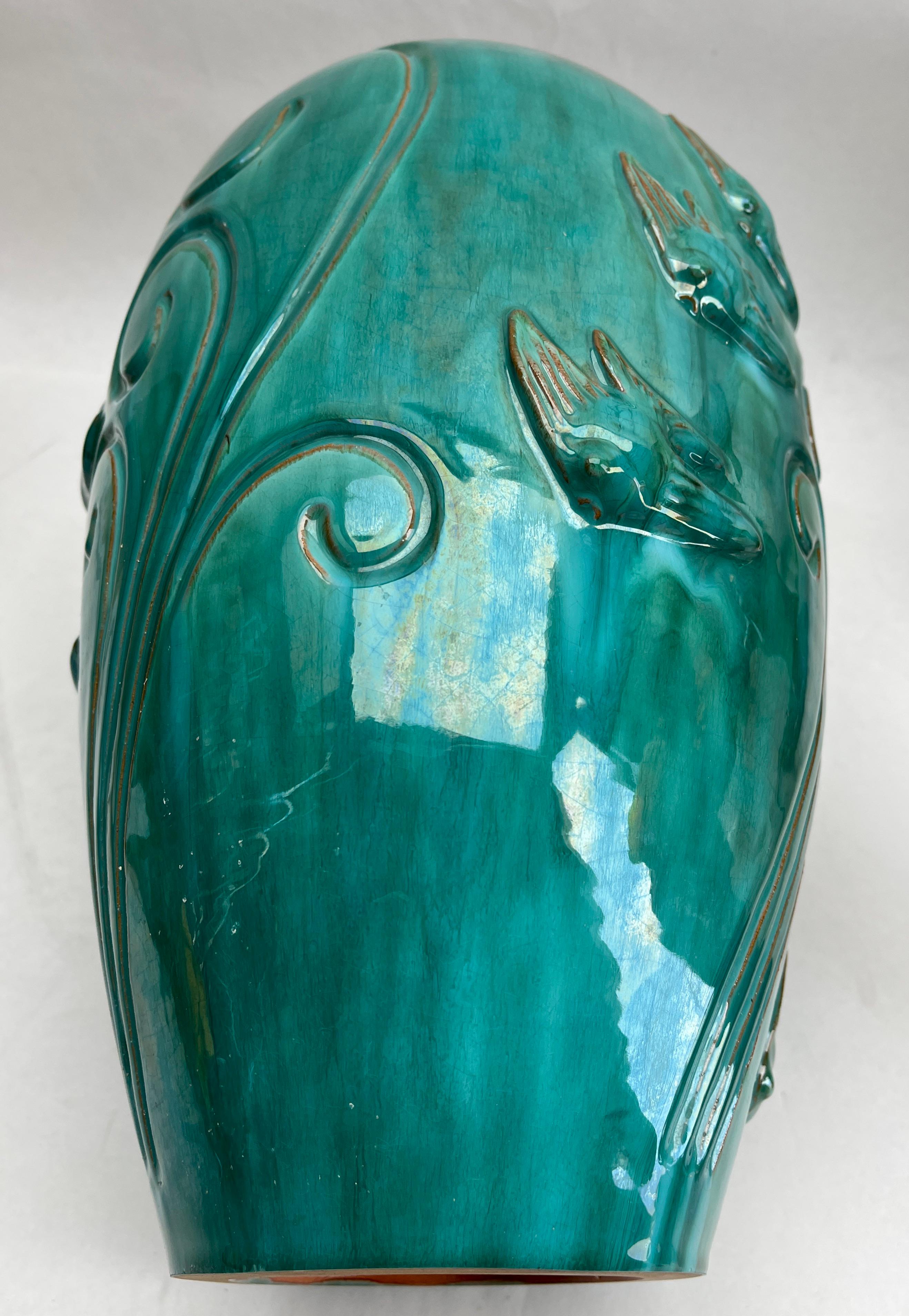 Ceramic Alexandre / Belgium Vase green glazed terracotta decorated with Fish in relief For Sale