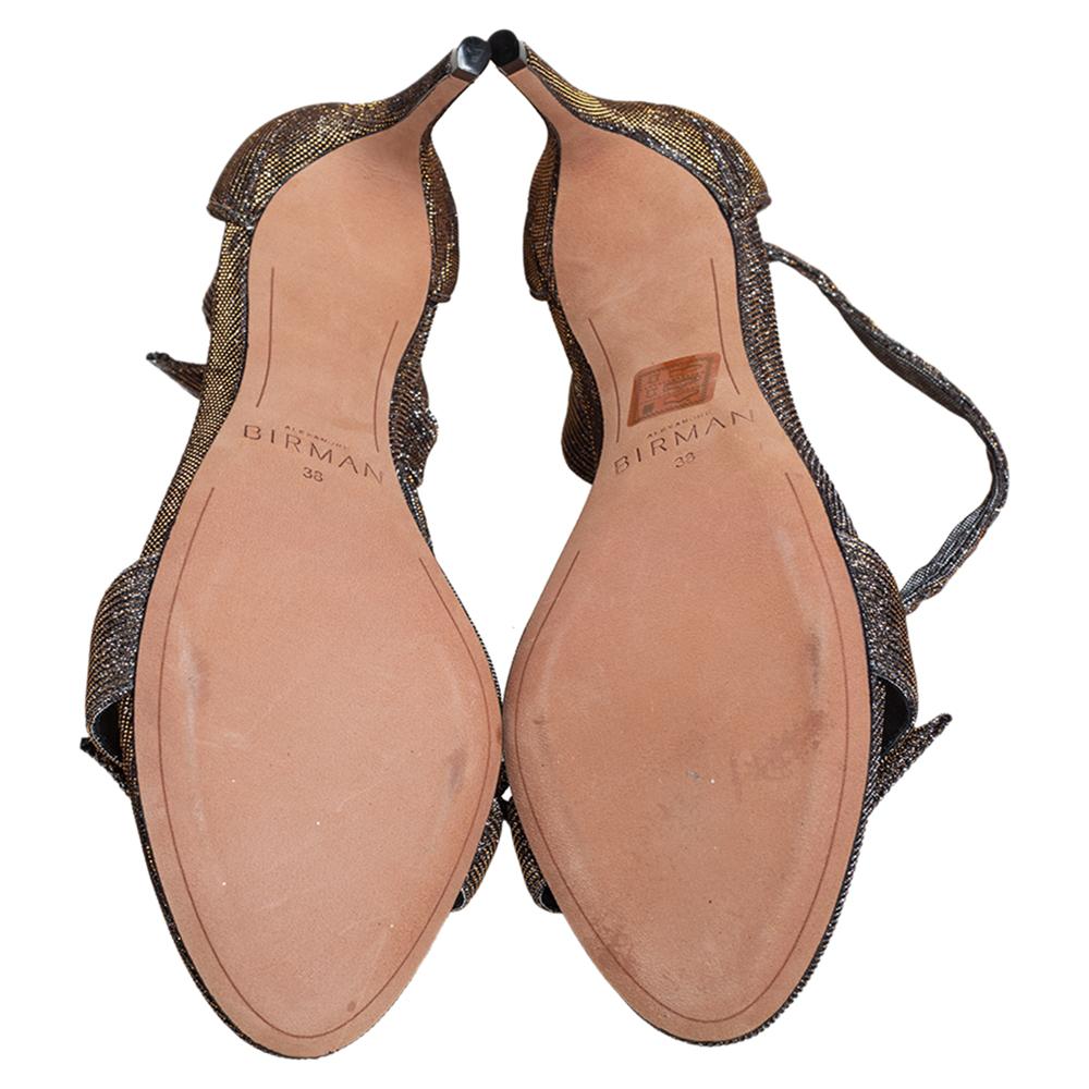 Alexandre Birman Black/Gold Lurex Fabric Clarita Bow Ankle Wrap Sandals Size 38 In Excellent Condition In Dubai, Al Qouz 2