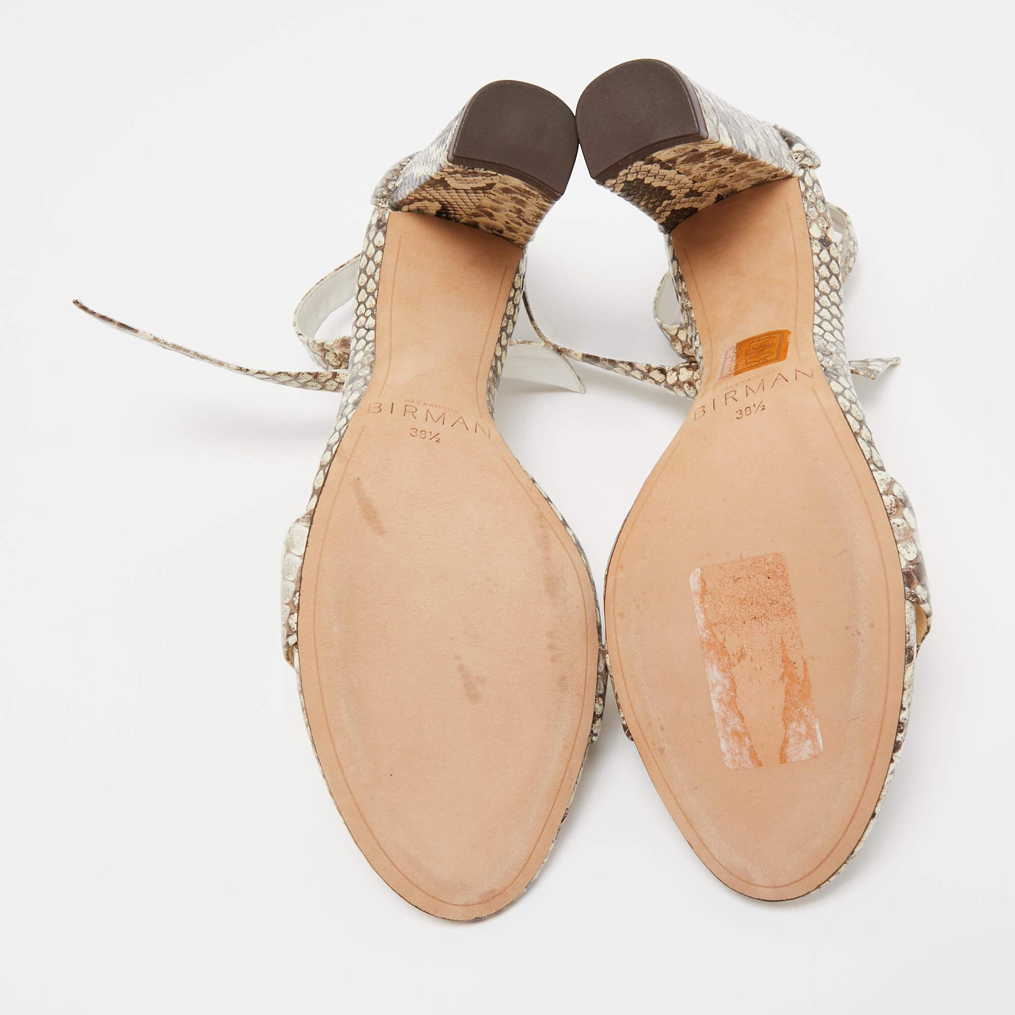 Alexandre Birman Brown/Beige Embossed Python Clarita Bow Tie Sandals Size 38.5 For Sale 1