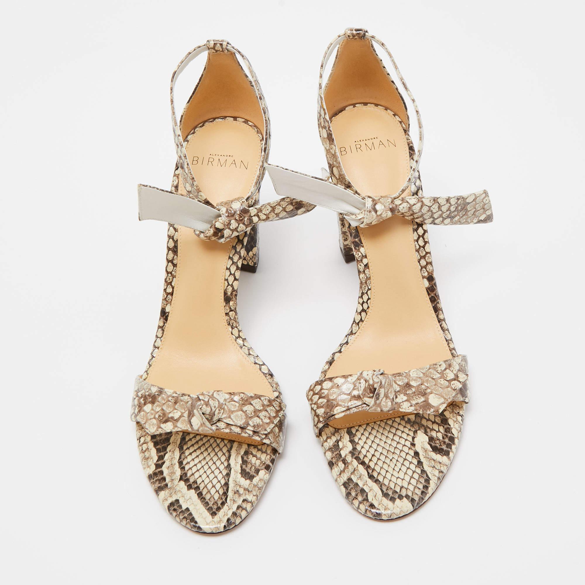 Alexandre Birman Brown/Beige Embossed Python Clarita Bow Tie Sandals Size 38.5 For Sale 4