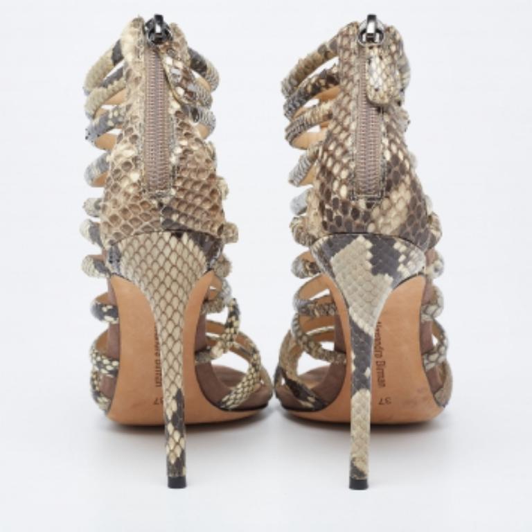 Women's Alexandre Birman Brown Python Embossed Leather Caged Zipper Sandals Size 37 For Sale