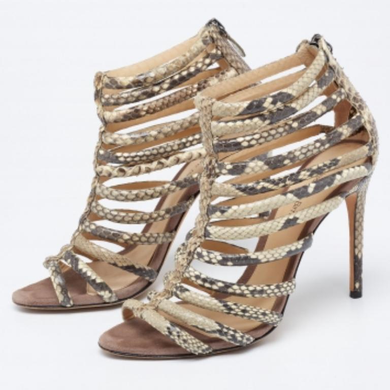 Alexandre Birman Brown Python Embossed Leather Caged Zipper Sandals Size 37 For Sale 4