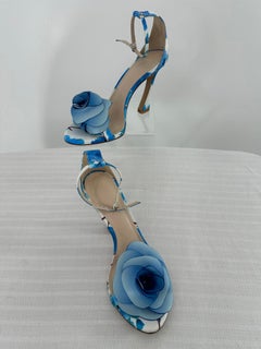 Alexandre Birman Dahila 100MM Blue Floral High Heel Sandal Leather Rose Toe 37.5