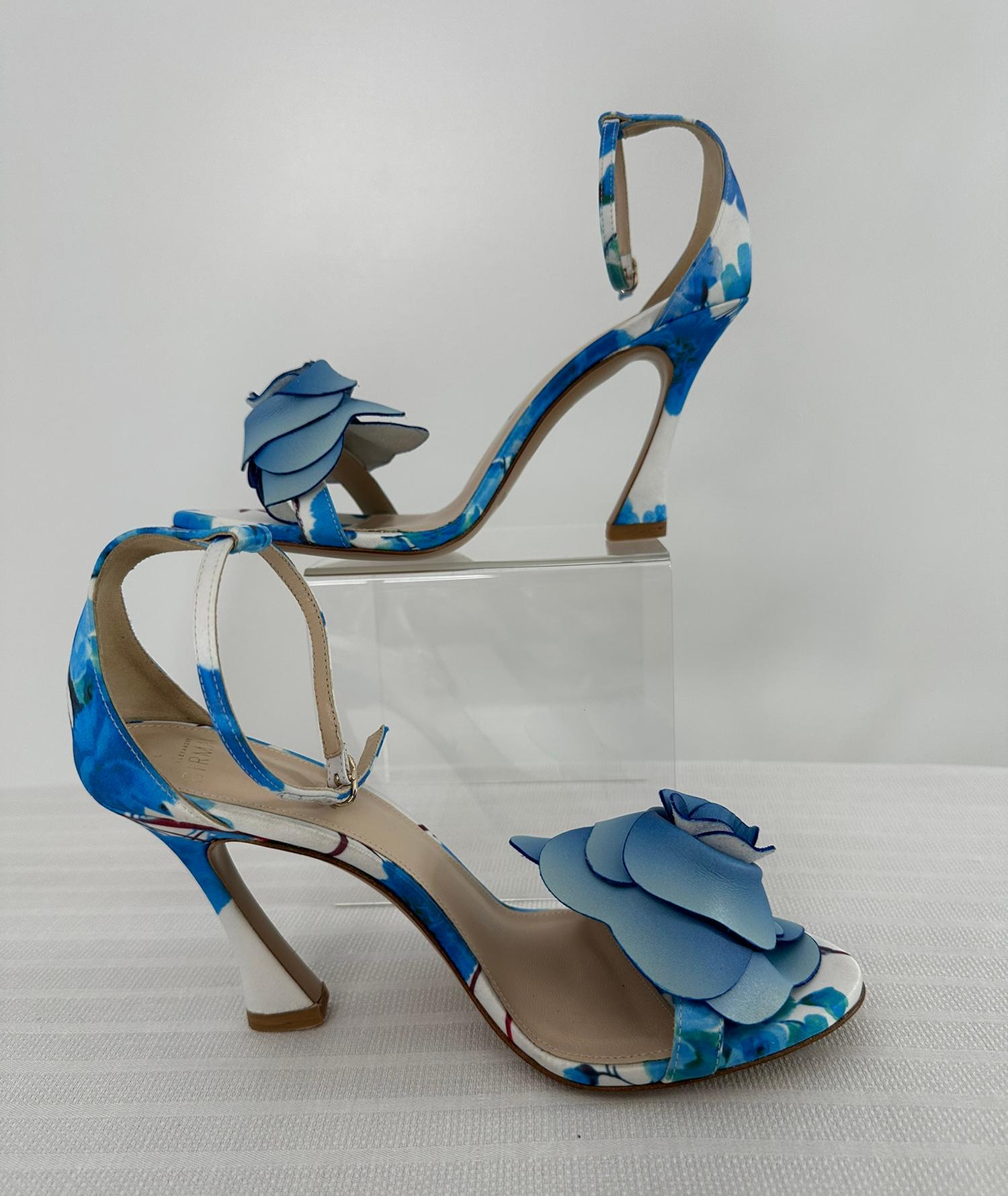 Alexandre Birman Dahila 100MM Azul Floral Sandalia de tacón alto Piel Rosa Puntera 37.5 Gris en venta