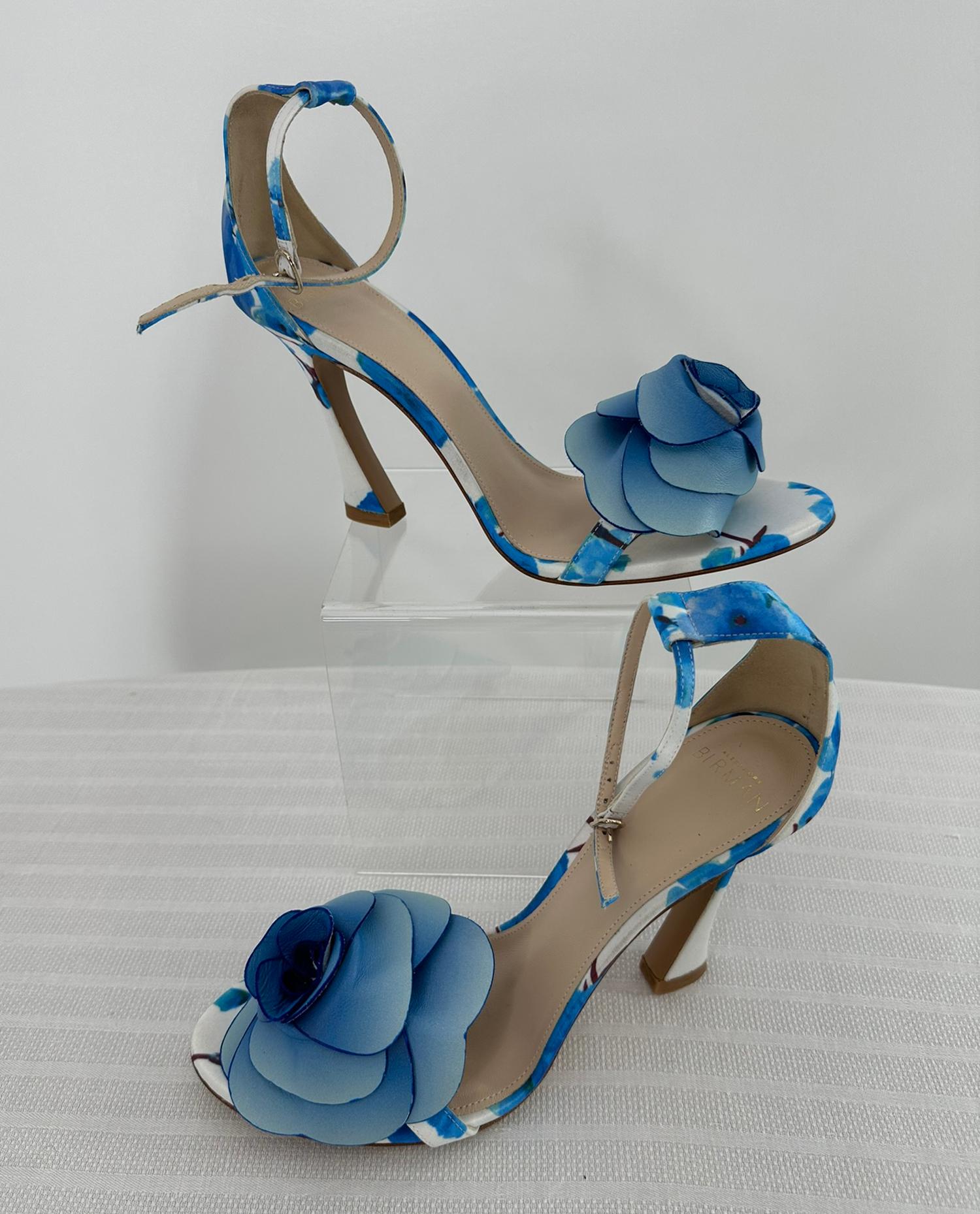 Alexandre Birman Dahila 100MM Azul Floral Sandalia de tacón alto Piel Rosa Puntera 37.5 en Excelente estado para la venta en West Palm Beach, FL