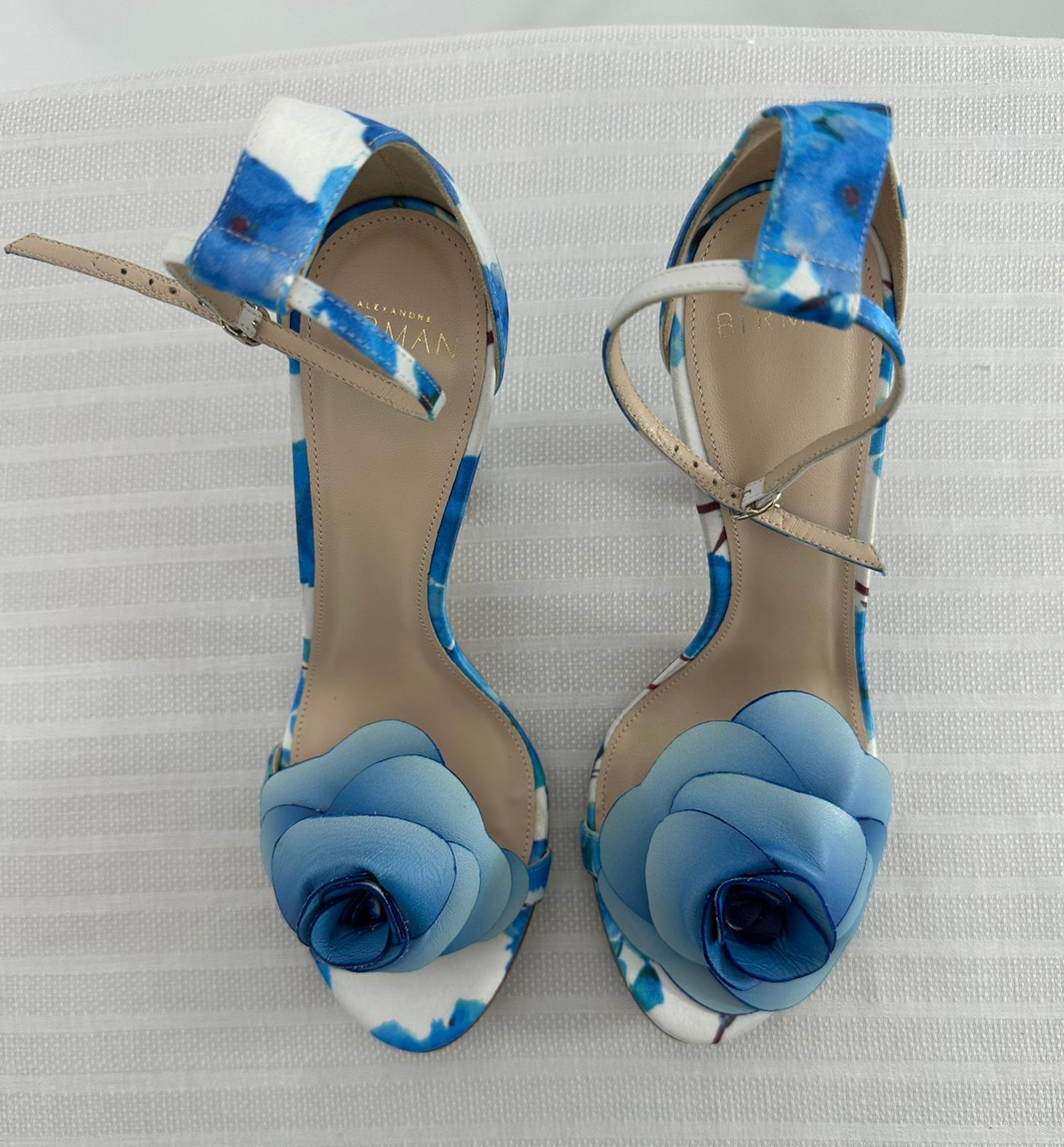 De las mujeres Alexandre Birman Dahila 100MM Azul Floral Sandalia de tacón alto Piel Rosa Puntera 37.5 en venta