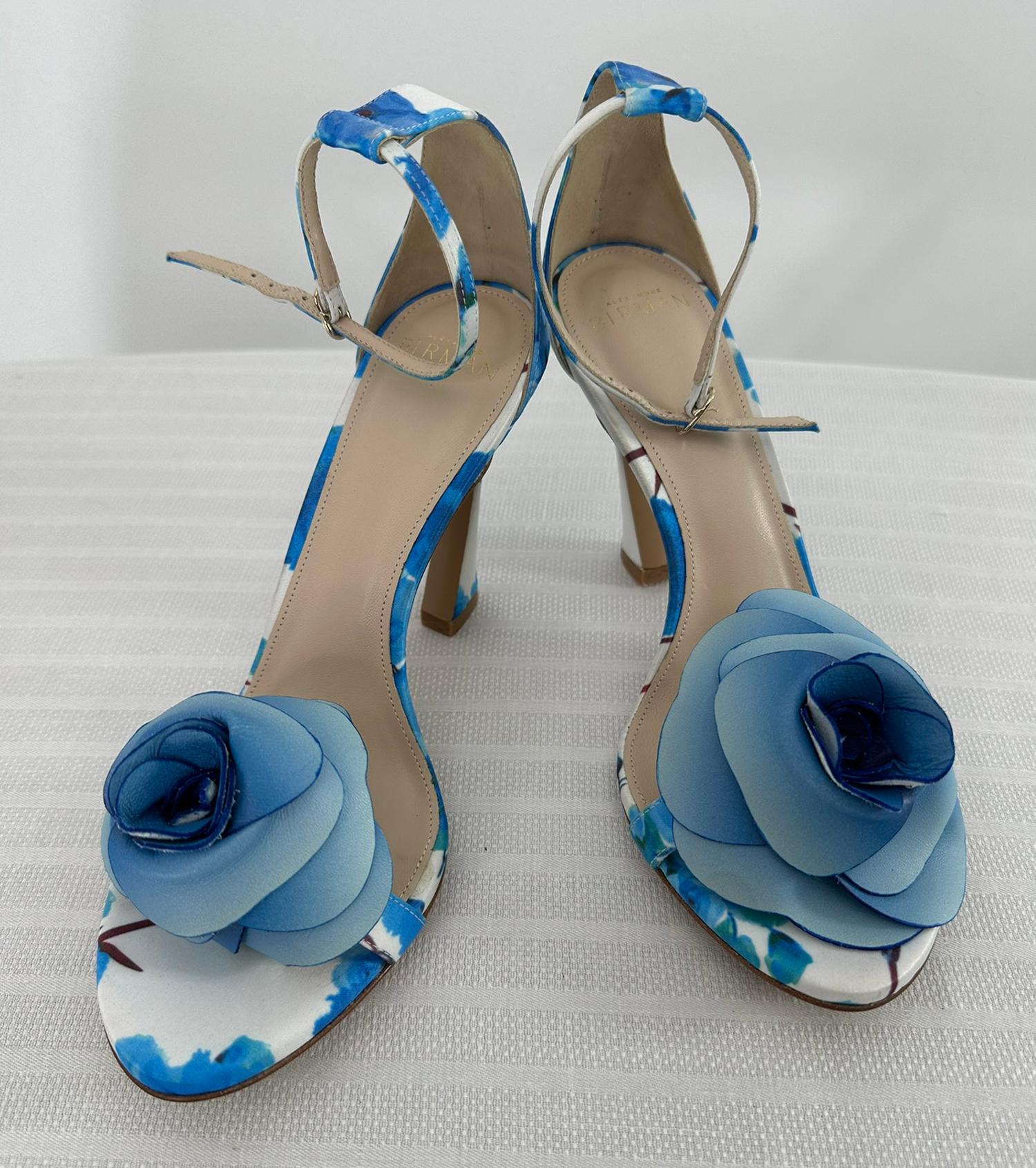Alexandre Birman Dahila 100MM Azul Floral Sandalia de tacón alto Piel Rosa Puntera 37.5 en venta 4